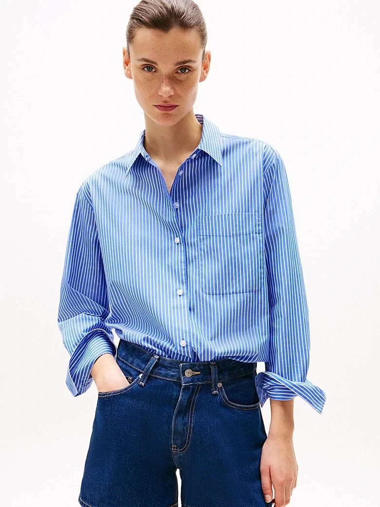 Tommy Hilfiger Kadın Açık Mavi Rahat Kesim Poplin Gömlek