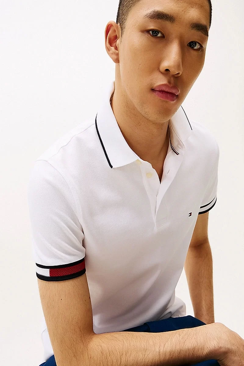 Tommy Hilfiger Erkek İmza Manşetli Beyaz Polo T-Shirt