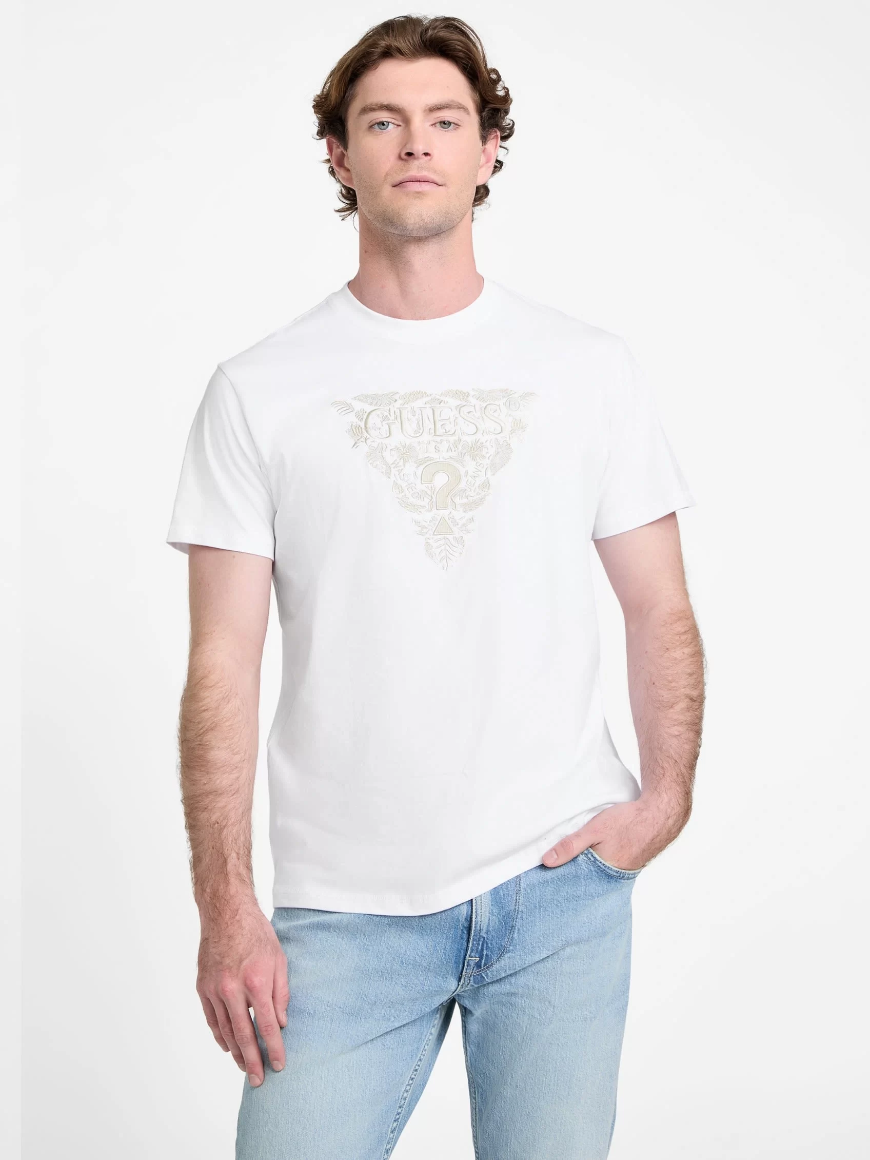 Guess Ss Cn Flower Embro Tee Erkek Beyaz T-Shirt M5GI16K8FQ4-G011