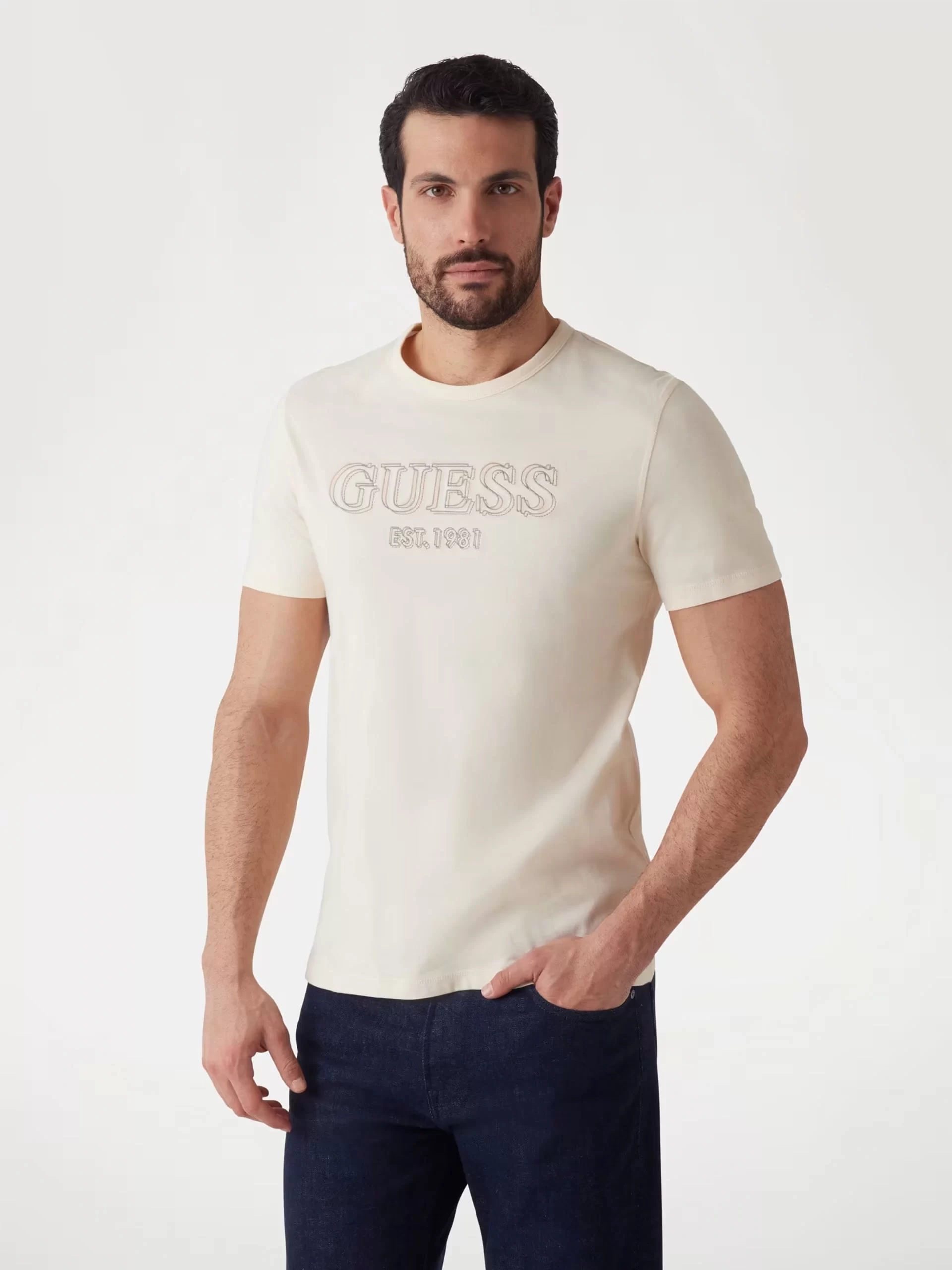 Guess Ss Cn Guess Logo Tee Erkek Beyaz T-Shirt M5GI07I3Z14-G047