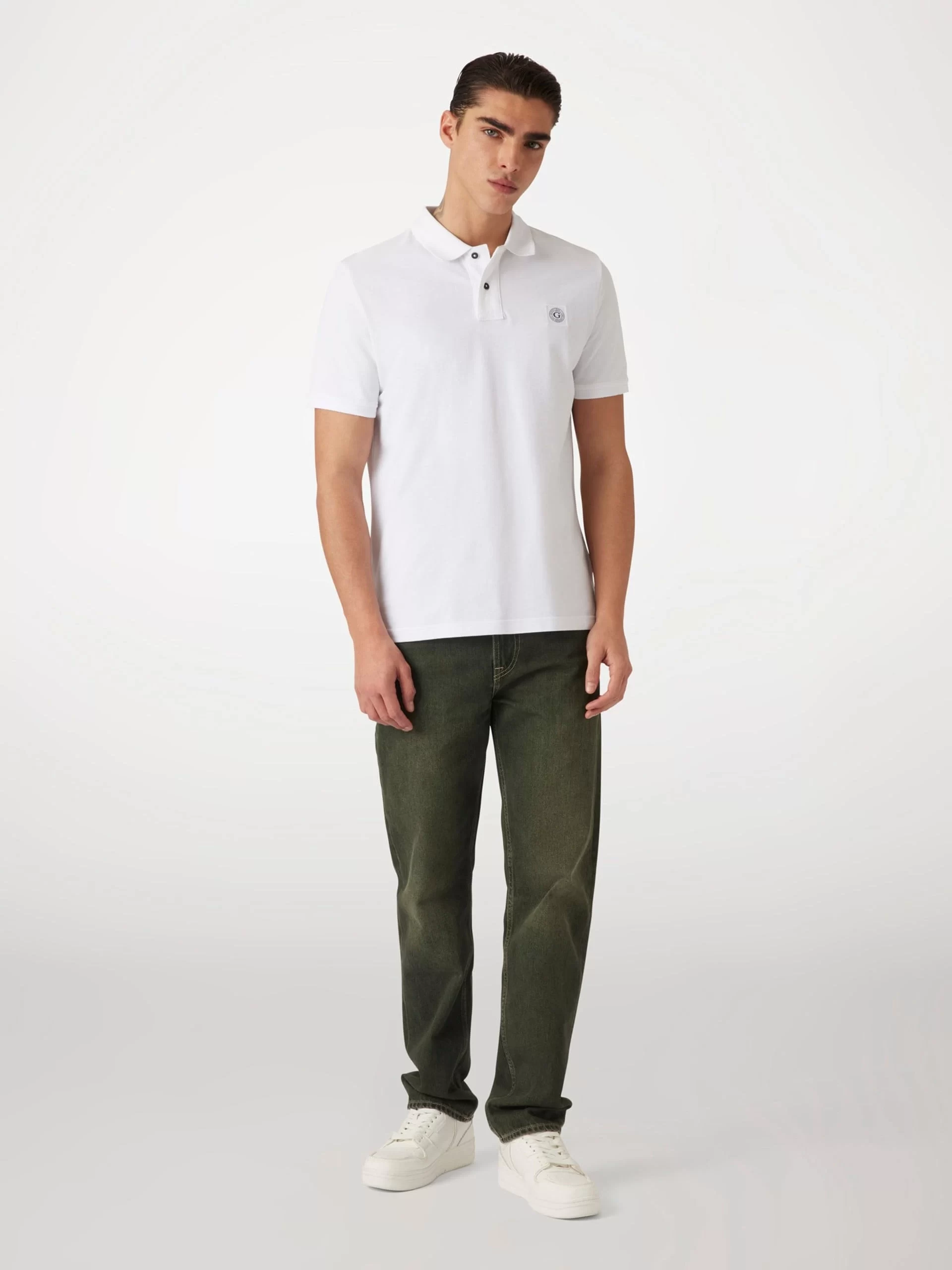 Guess Erkek Beyaz Yıkamalı Polo Tişört
