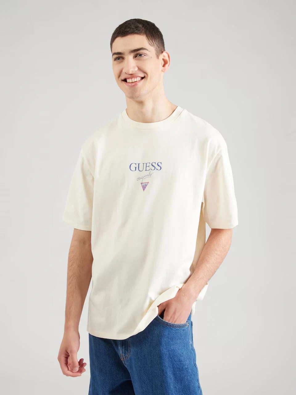 Guess Erkek Krem Baker Logolu Baskılı T-Shirt