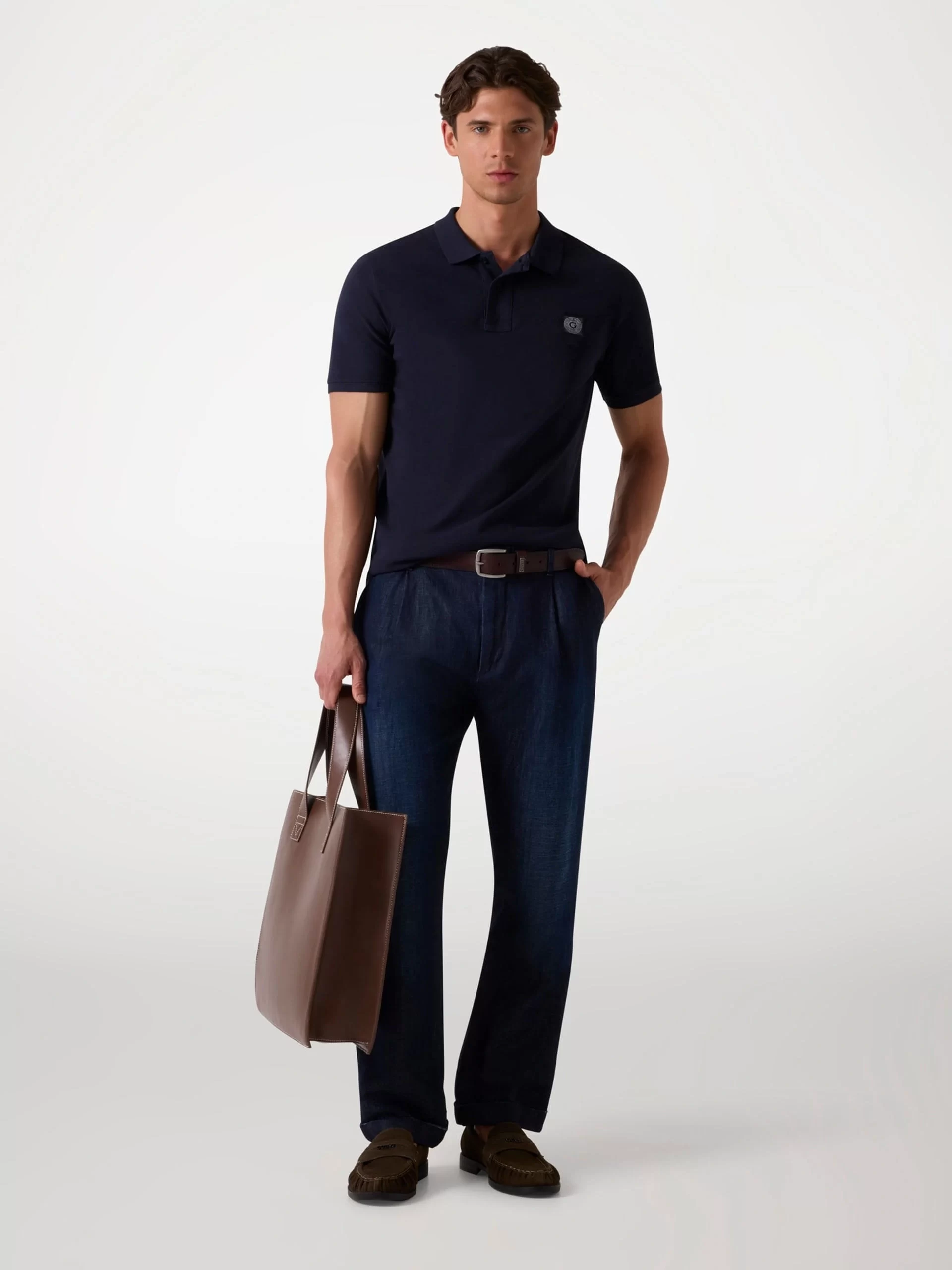 Guess Erkek Lacivert Yıkamalı Polo Tişört