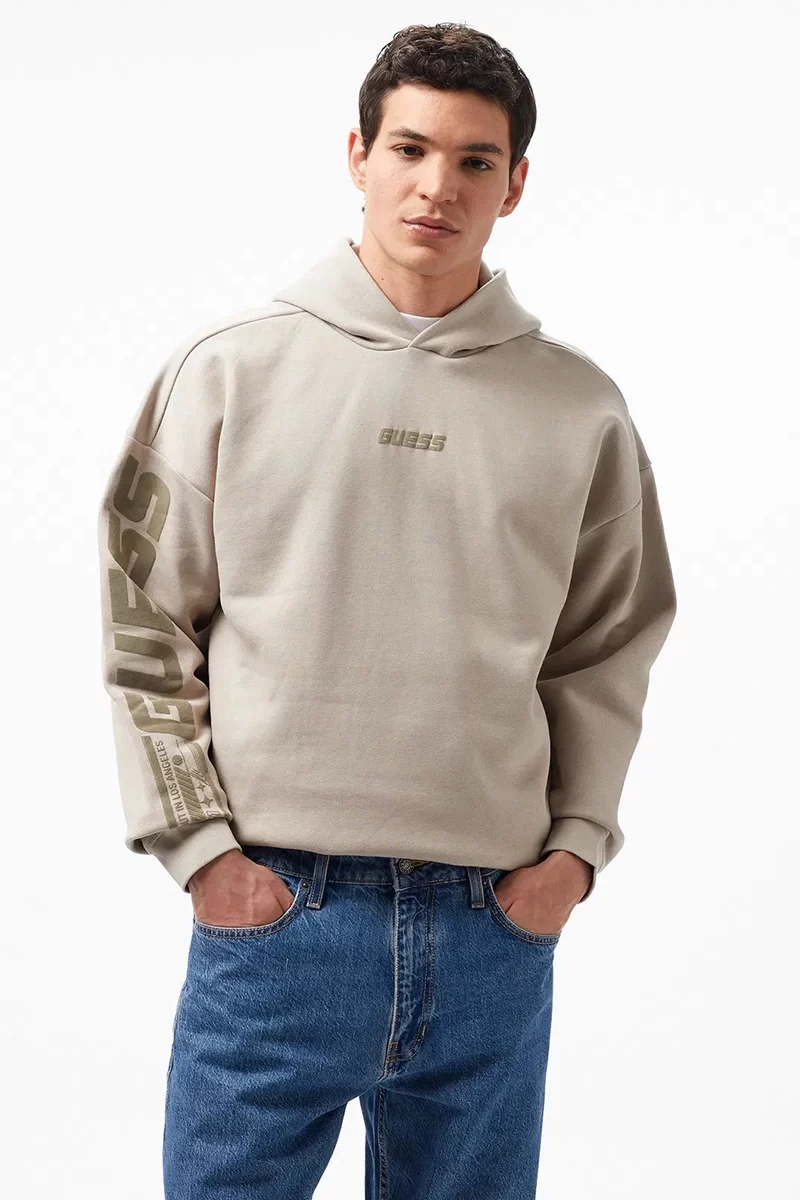 Guess Dalım Over Hooded Sweatshırt Erkek Krem Sweatshirt Z4BQ03K9V31-G1CA