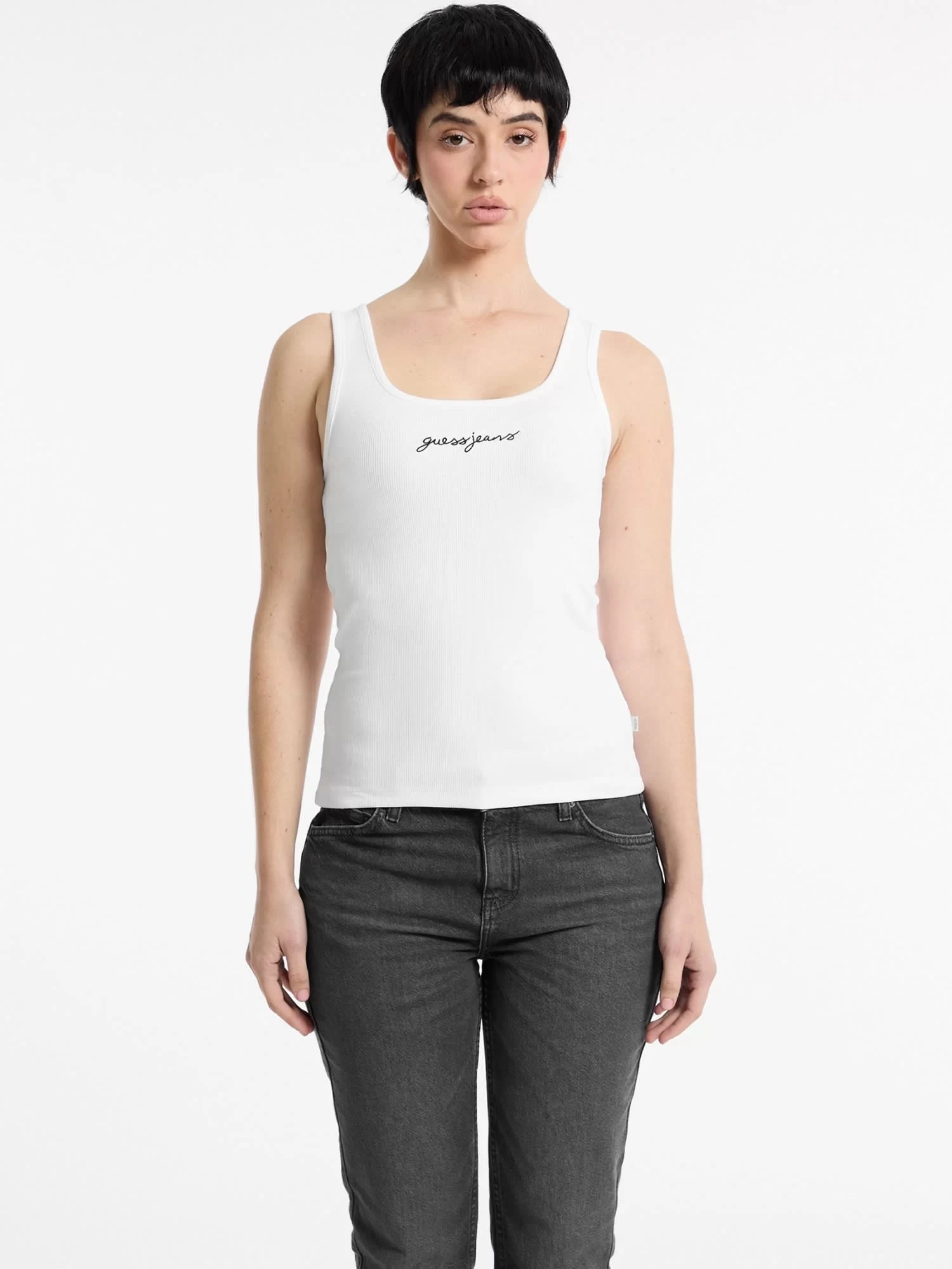 Guess jeans Gj Tank Top Slım Rıb Embro Kadın Beyaz T-Shirt W5RP48KA0H1-G011