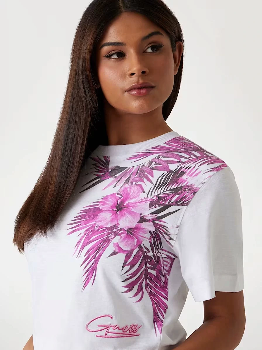 Guess Cn Ss Logo Palm Prınt Tee Kadın Pembe T-Shirt W5GI19K6XN4-F6FJ
