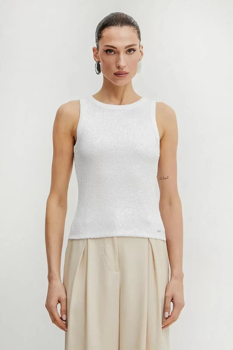 Guess Alexıa Sequıns Tank Top Kadın Beyaz Atlet W5GP06KCS10-G011