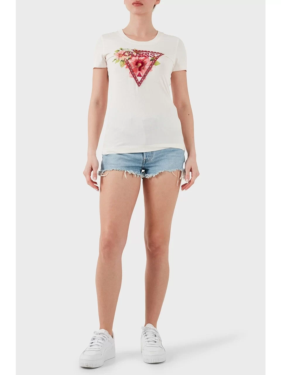 Guess Ss Cn Trıangle Beads Tee Kadın Beyaz T-Shirt W5GI10J1314-G012