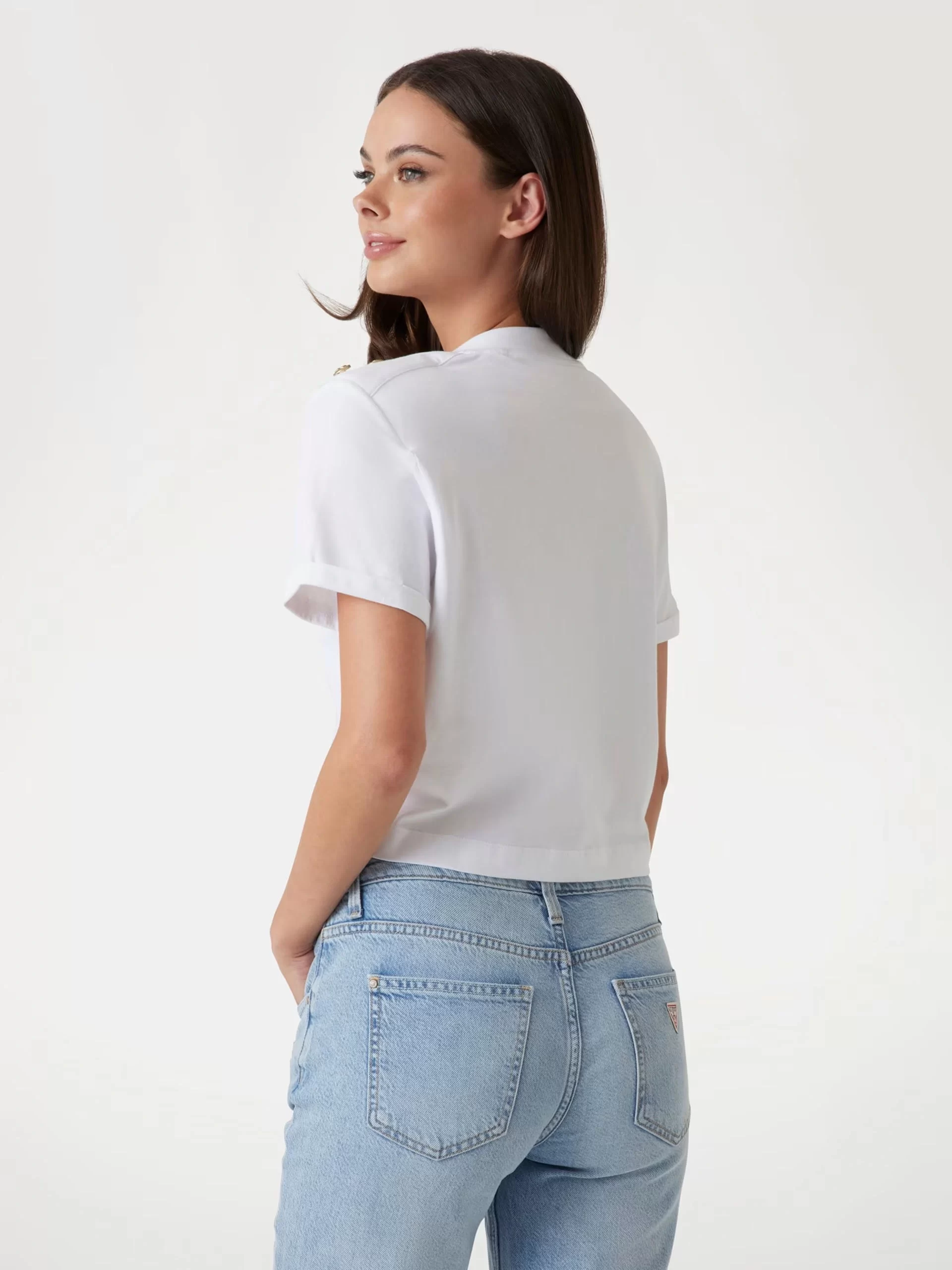 Guess Cn Ss Cropped Washed Logo Tee Kadın Beyaz T-Shirt W5GI15K8FQ4-G011