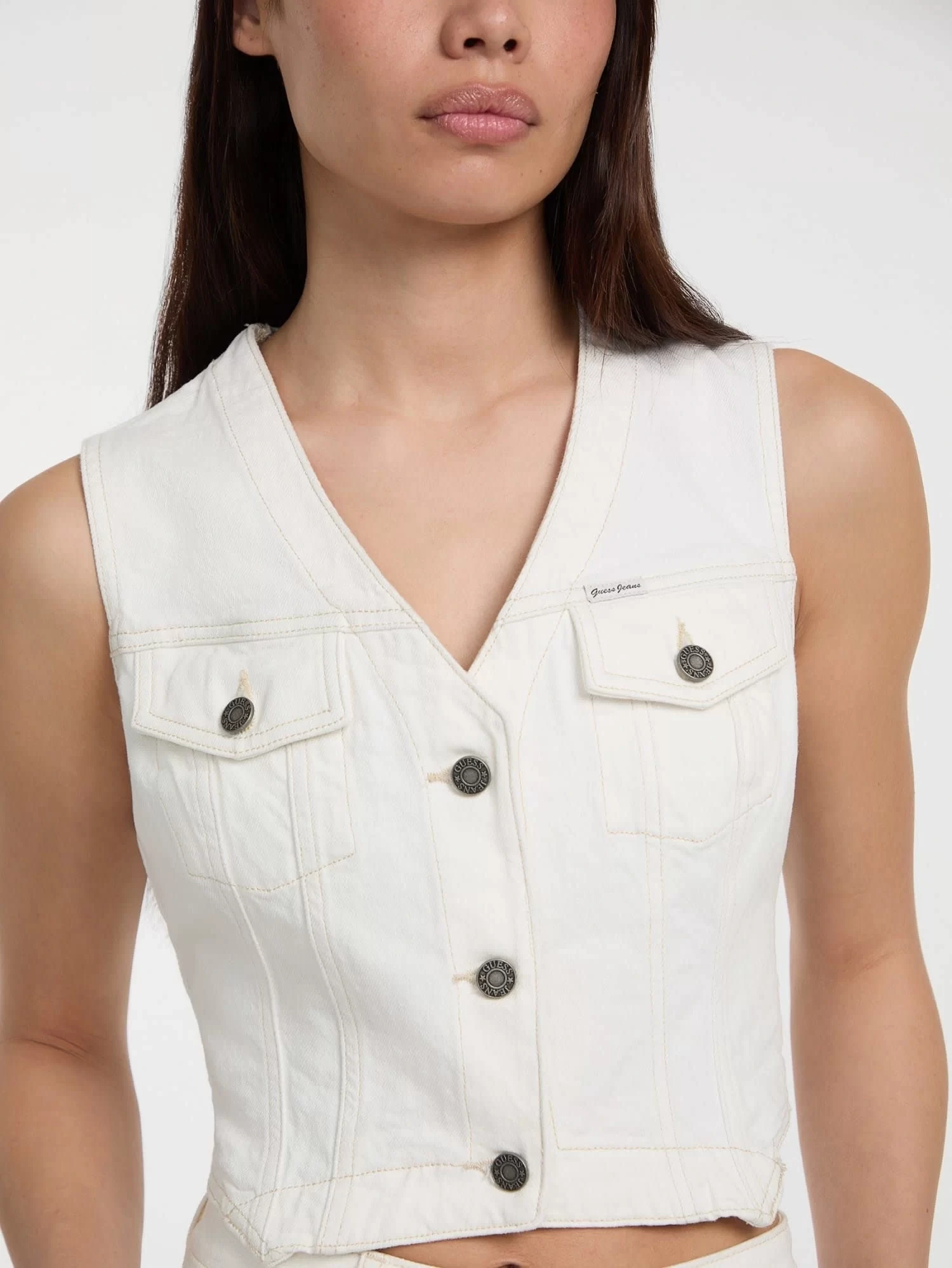 Guess jeans Gj Denım Vest Kadın Beyaz Yelek W5GN74D5M62-GJWI