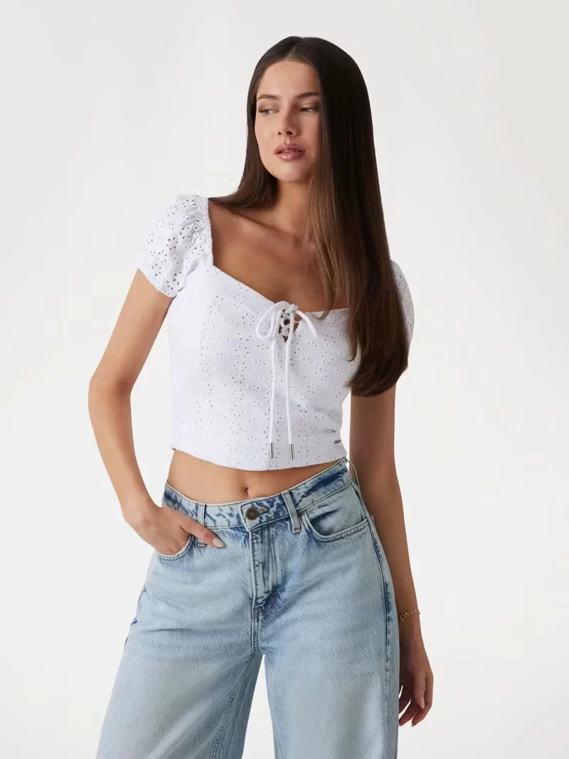 Guess Elıane Ss Puffed Top Kadın Beyaz Bluz W5GP13KCVA1-G011