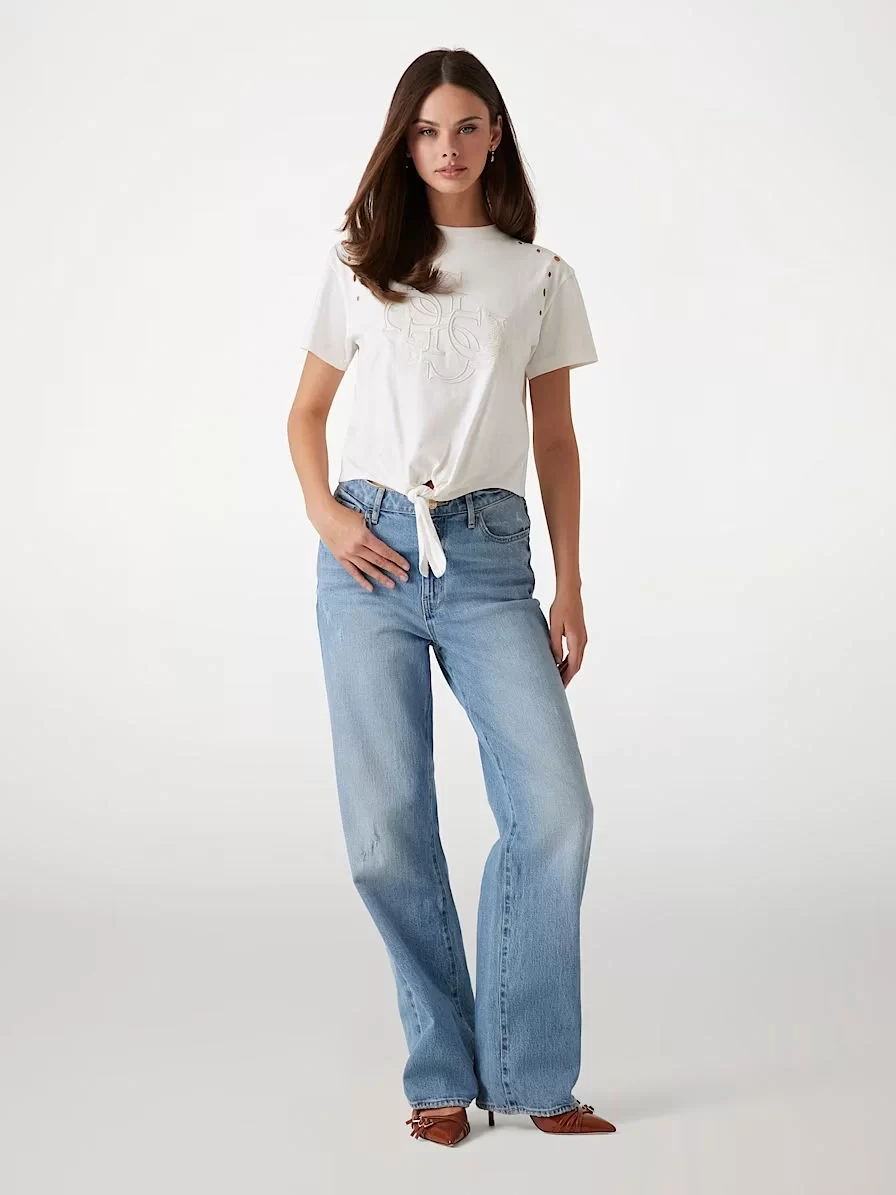 Guess Cn Ss Eyelet Tone On Tone Tee Kadın Beyaz T-Shirt W5GI18I3Z14-G012