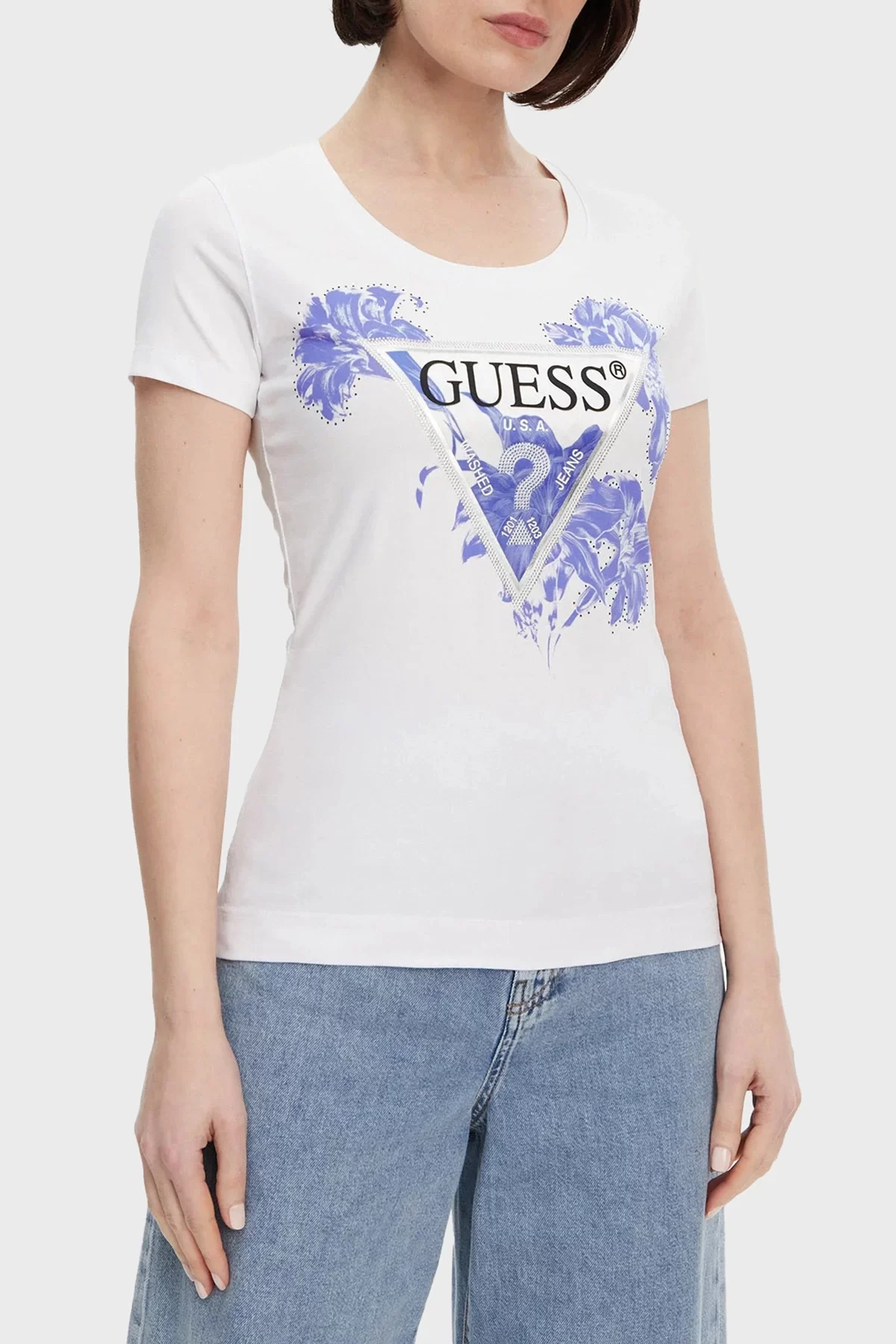 Guess Ss Cn Flower Trıangle Tee Kadın Beyaz T-Shirt W5GI08J1314-G011