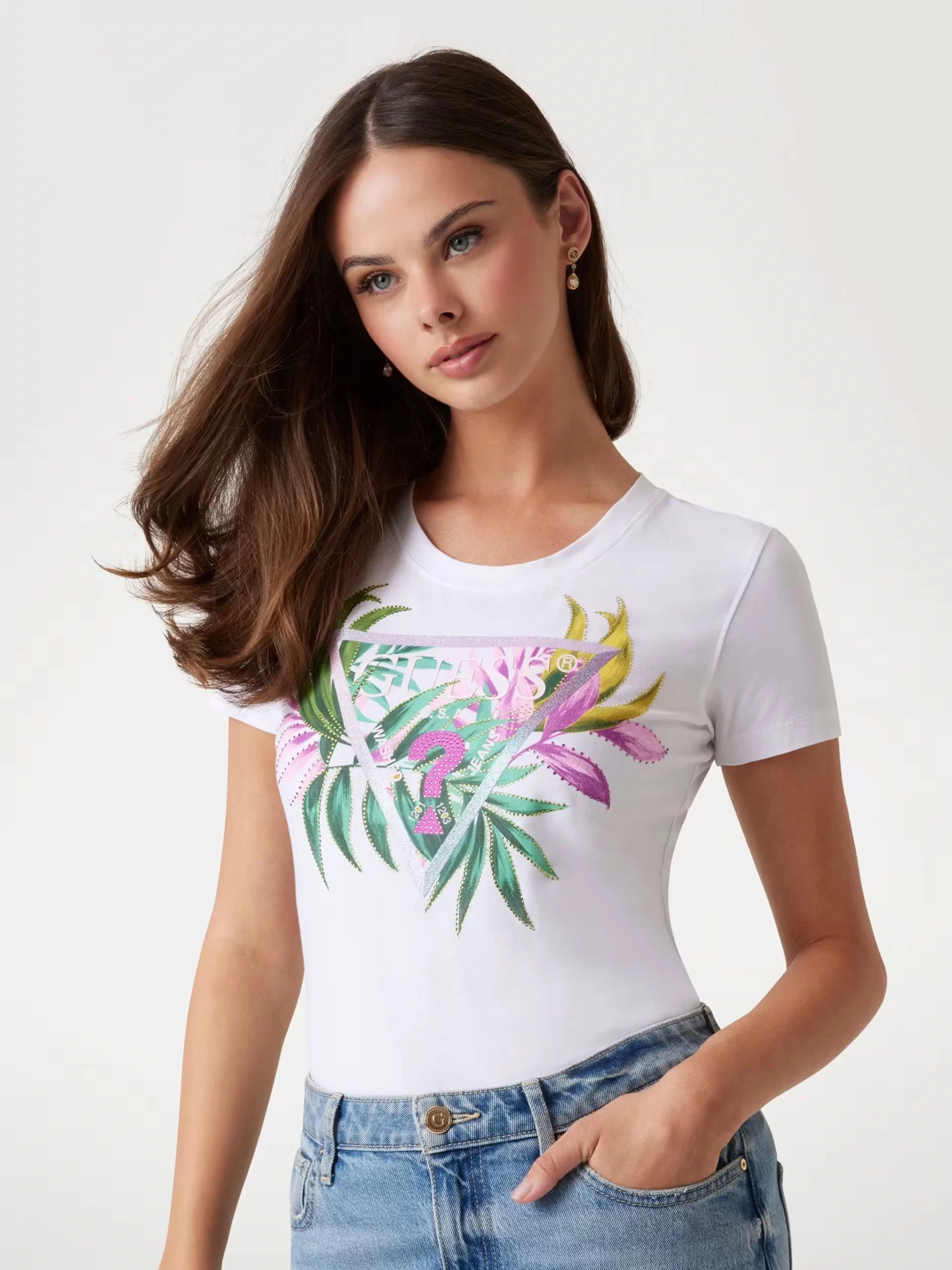 Guess Cn Ss Leaf Trıangle Tee Kadın Beyaz T-Shirt W5GI07J1314-G011