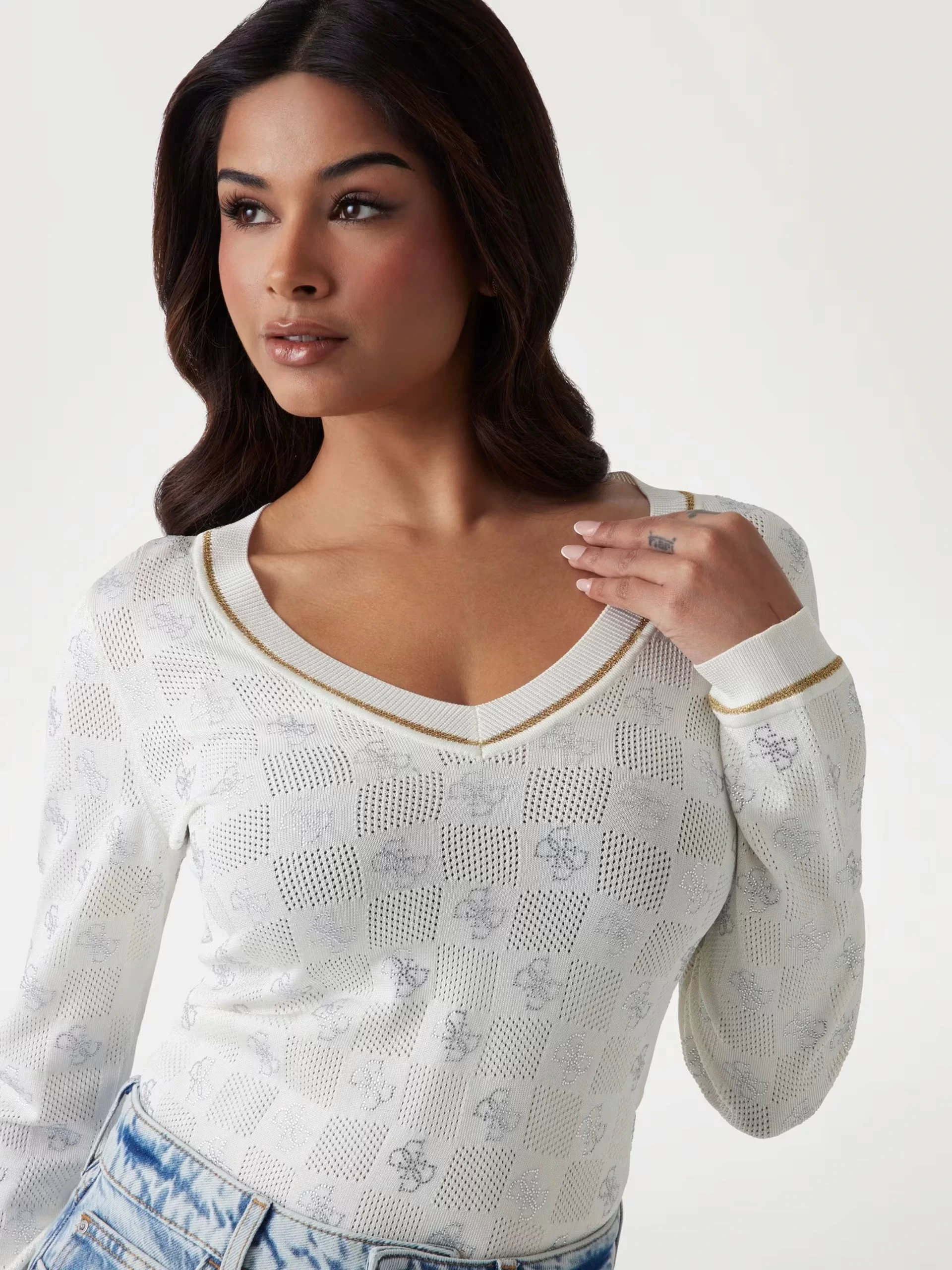 Guess Rosıe 4G Vn Ls Swtr Kadın Beyaz Kazak W5GR07Z3D60-G012