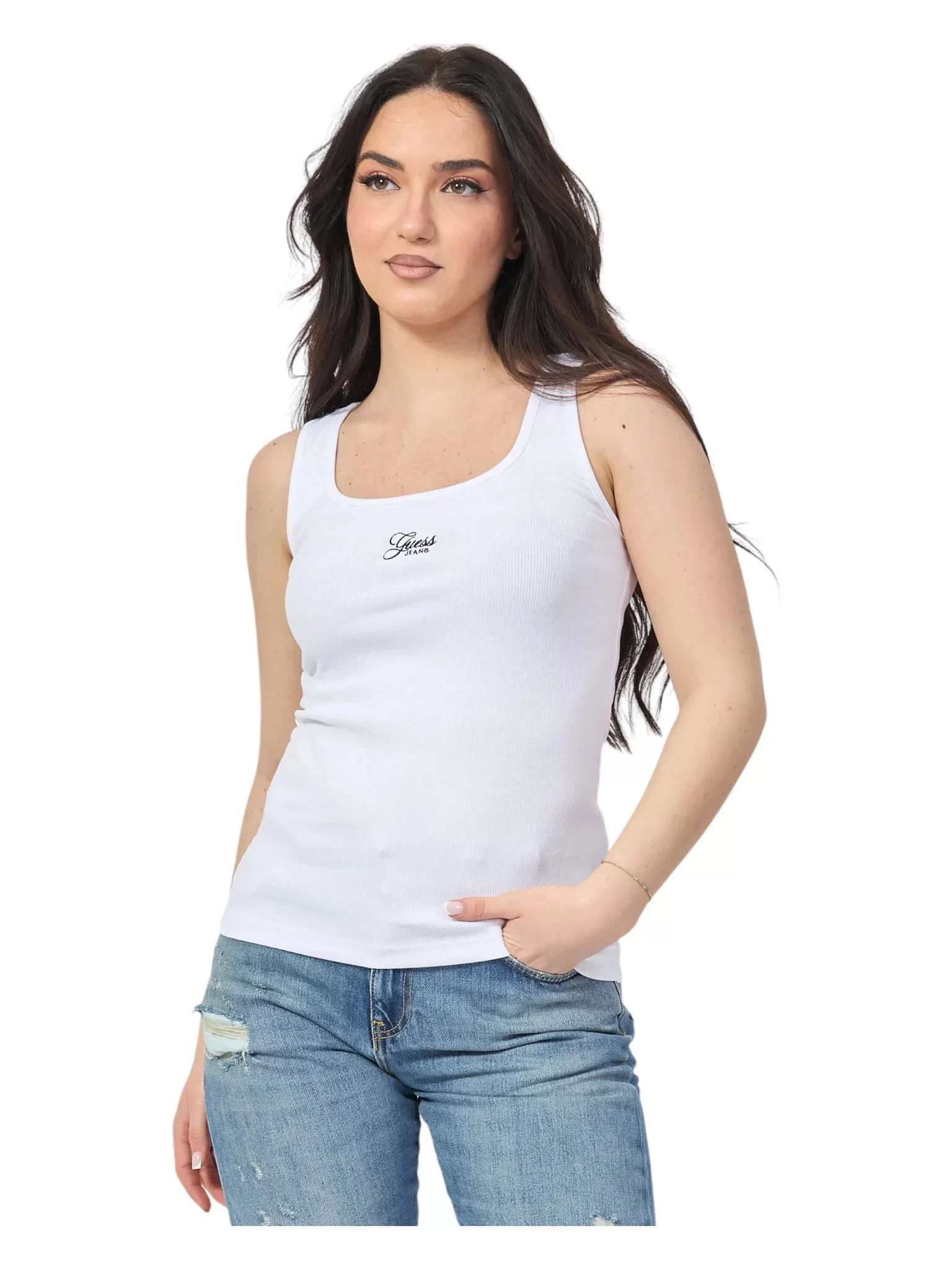Guess jeans Gj Tank Top Slım Rıb Embro Kadın Beyaz Atlet W5GP26KA0H1-G011