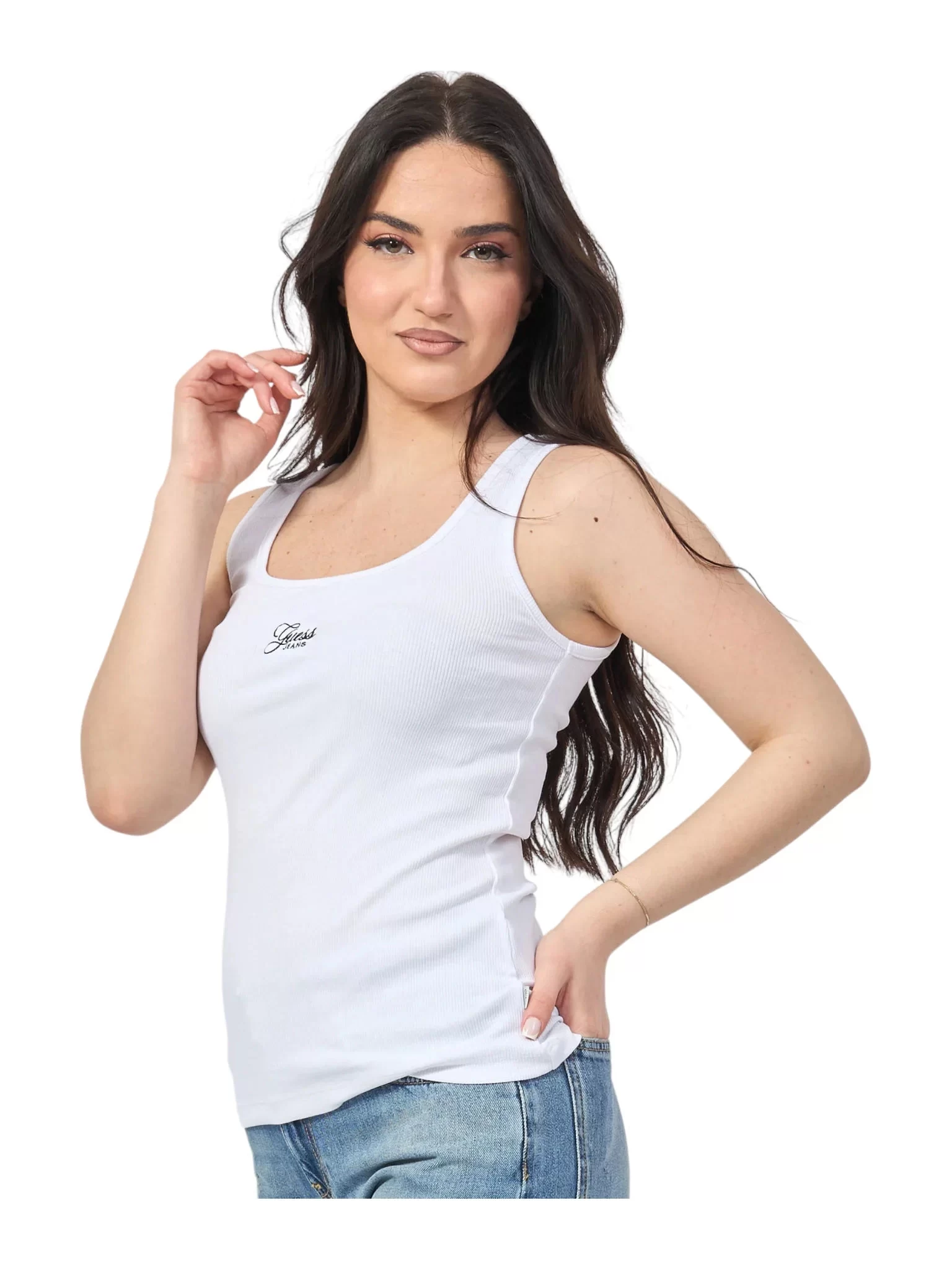 Guess jeans Gj Tank Top Slım Rıb Embro Kadın Beyaz Atlet W5GP26KA0H1-G011
