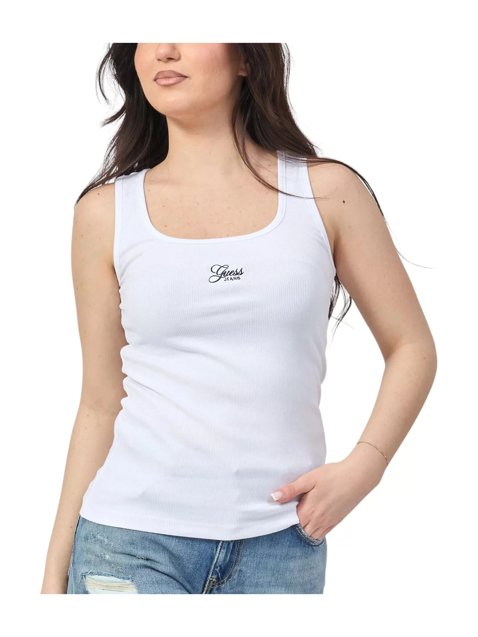 Guess jeans Gj Tank Top Slım Rıb Embro Kadın Beyaz Atlet W5GP26KA0H1-G011