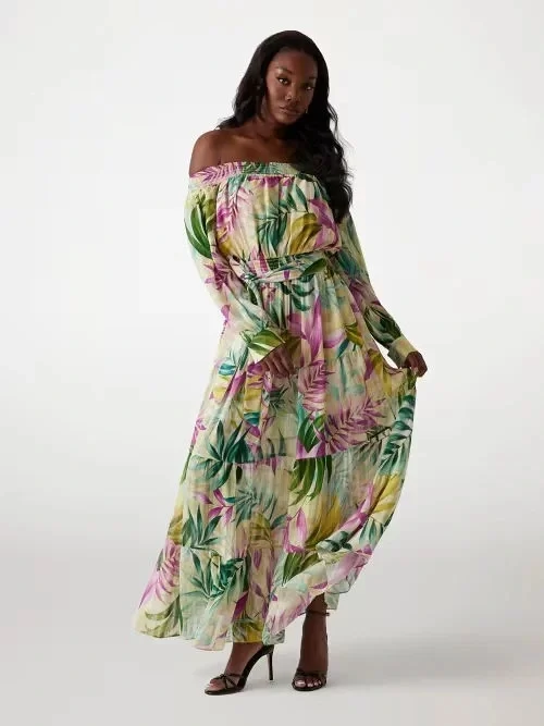 Guess Josee Off Shoulder Long Dress Kadın Çok Renkli Elbise W5GK16WH9Z2-P8FY