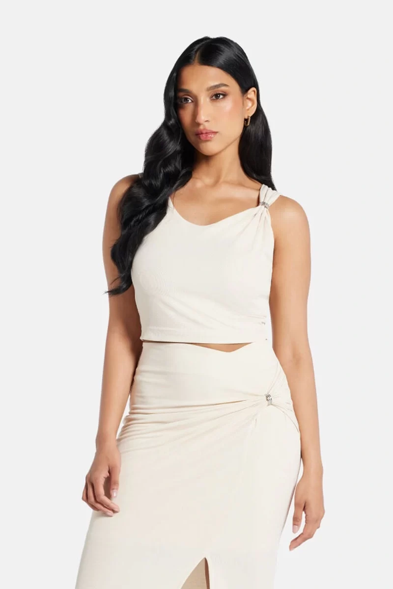 Guess Aımee Ss Jewel Drap Top Kadın Ekru Bluz W5GP22KAQL2-A60P