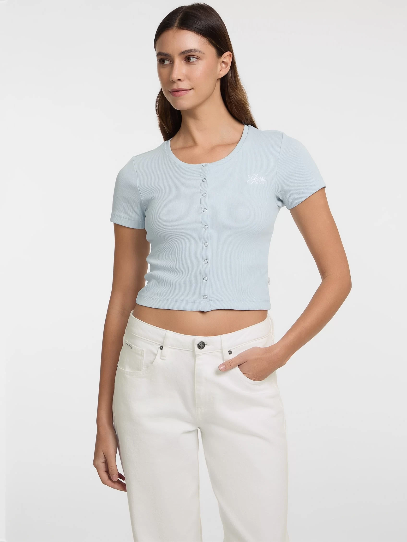 Guess jeans Gj Sl Cn Snap Embro Slım Top Kadın Mavi T-Shirt W5GP27KA0H1-G7O7