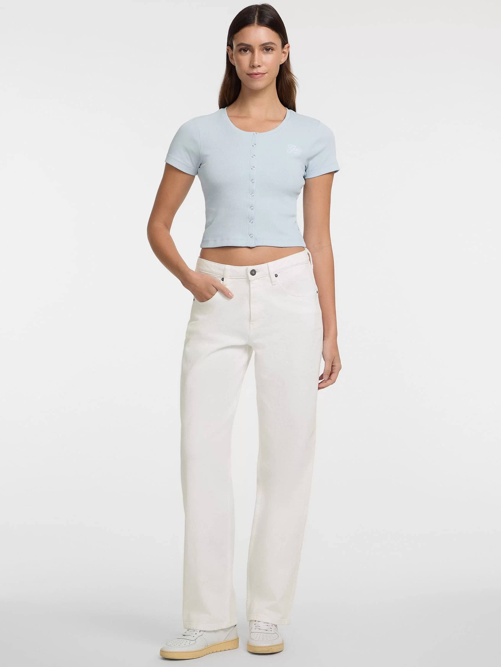 Guess jeans Gj Sl Cn Snap Embro Slım Top Kadın Mavi T-Shirt W5GP27KA0H1-G7O7