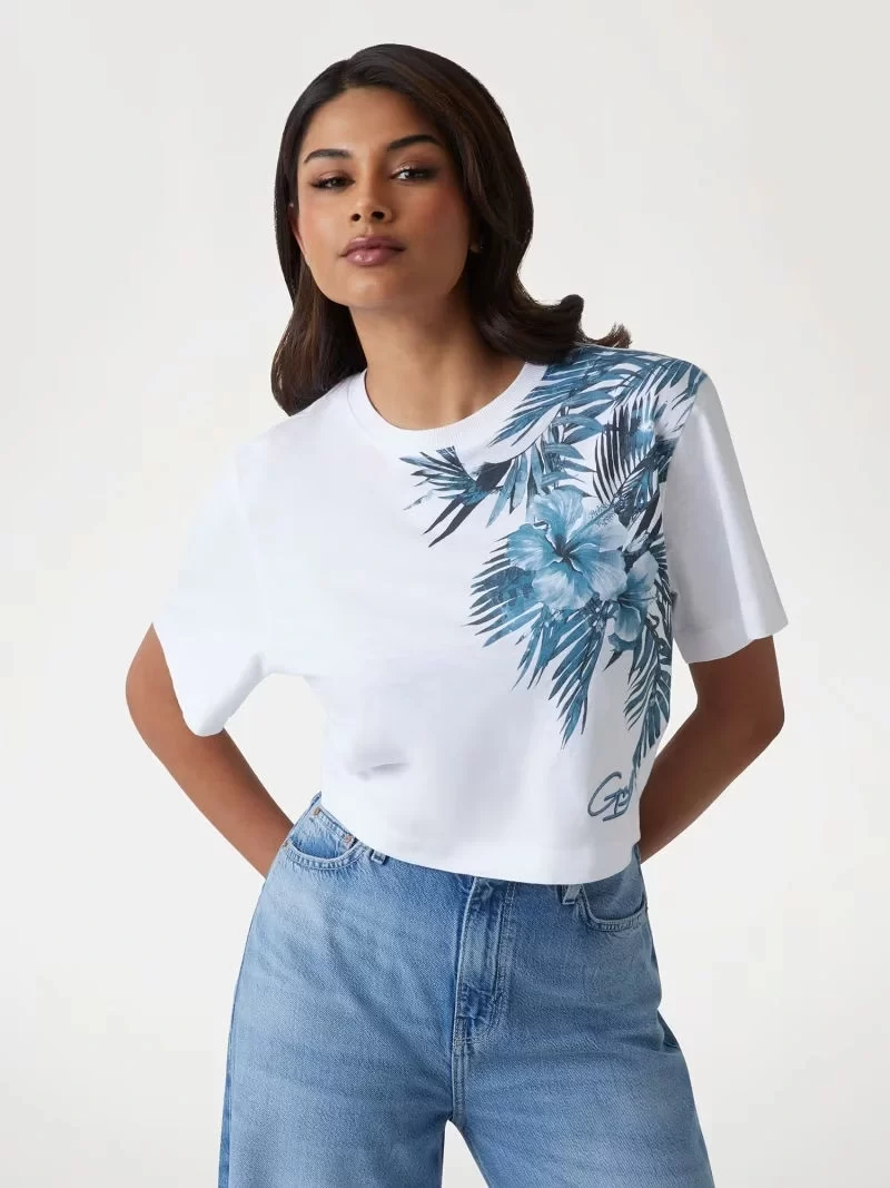 Guess Cn Ss Logo Palm Prınt Tee Kadın Çok Renkli T-Shirt W5GI19K6XN4-FBBD