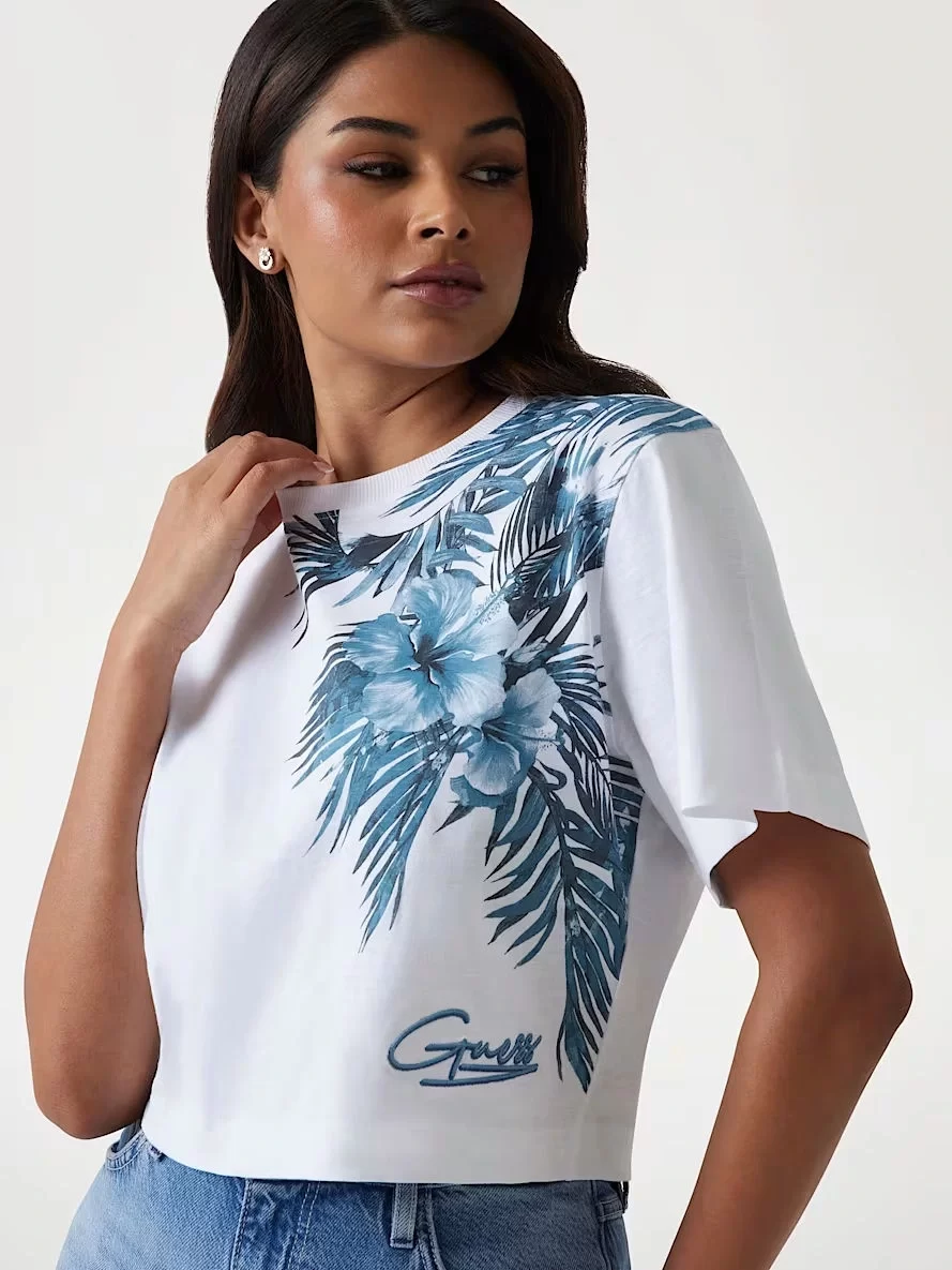 Guess Cn Ss Logo Palm Prınt Tee Kadın Çok Renkli T-Shirt W5GI19K6XN4-FBBD