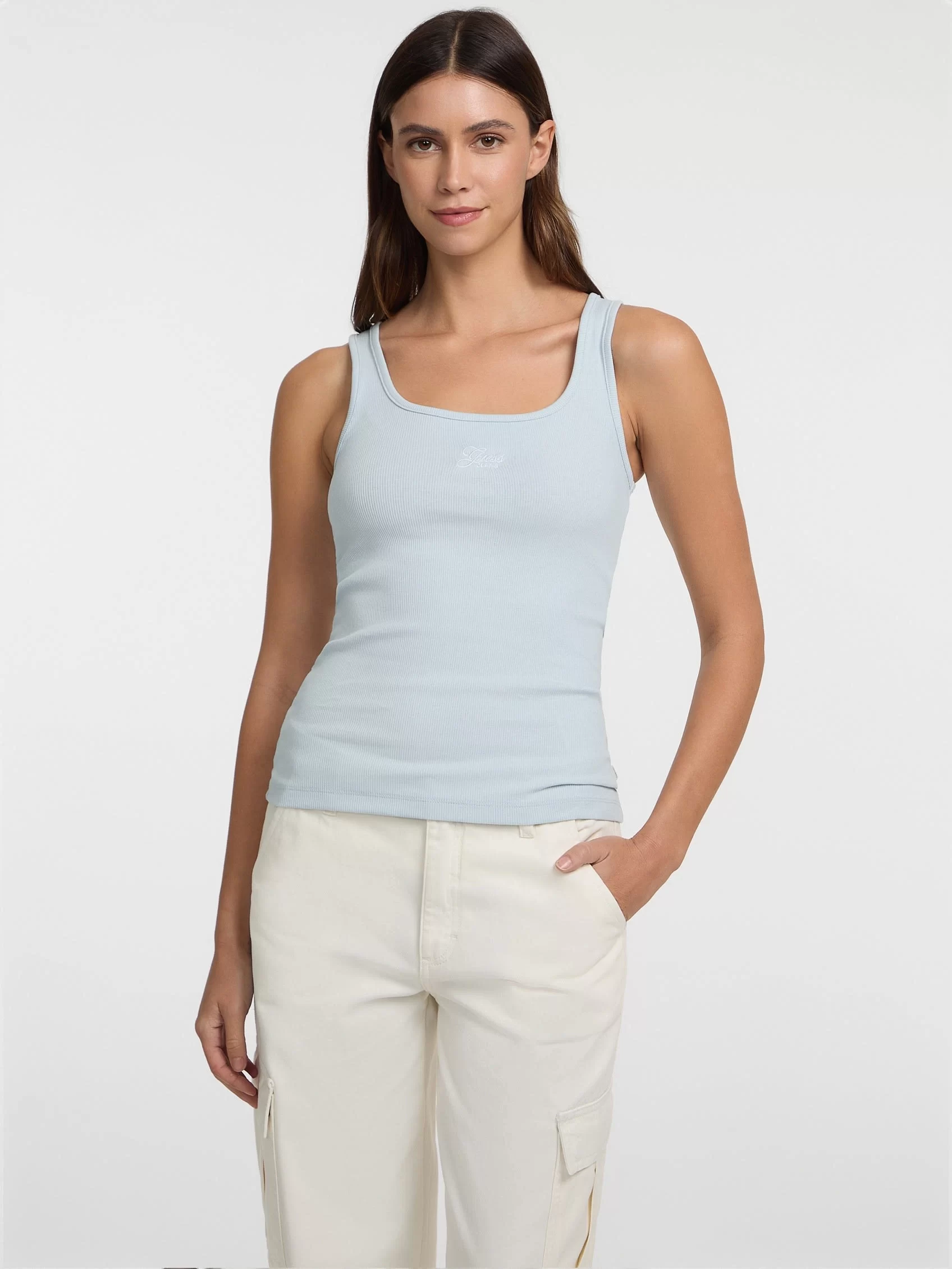 Guess jeans Gj Tank Top Slım Rıb Embro Kadın Mavi Atlet W5GP26KA0H1-G7O7