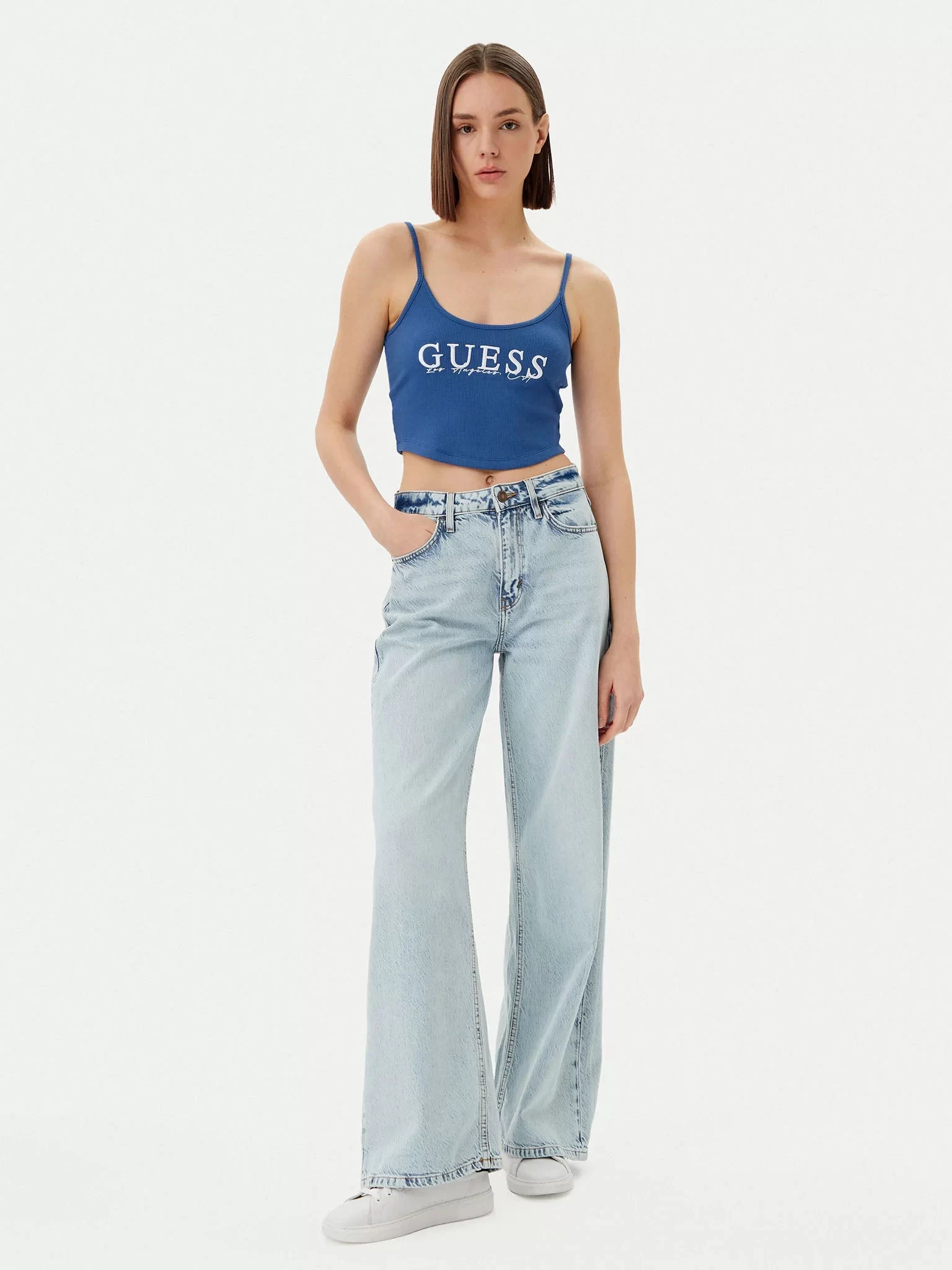 Guess Sunflower Rıb Top Kadın Mavi Atlet V5GP16K8RT2-G7ER