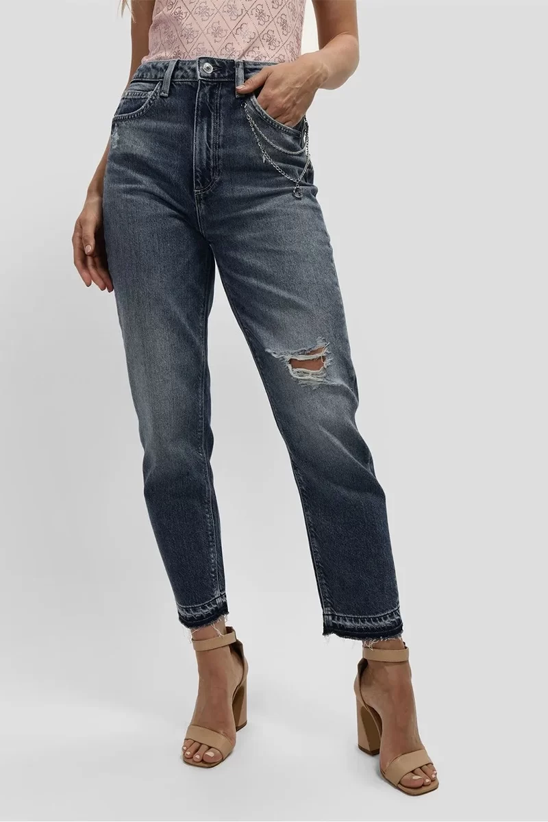Guess Kadın Eskitme Detaylı Mom Jean Mavi Kot Pantolon