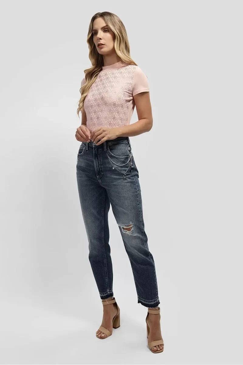 Guess Kadın Eskitme Detaylı Mom Jean Mavi Kot Pantolon