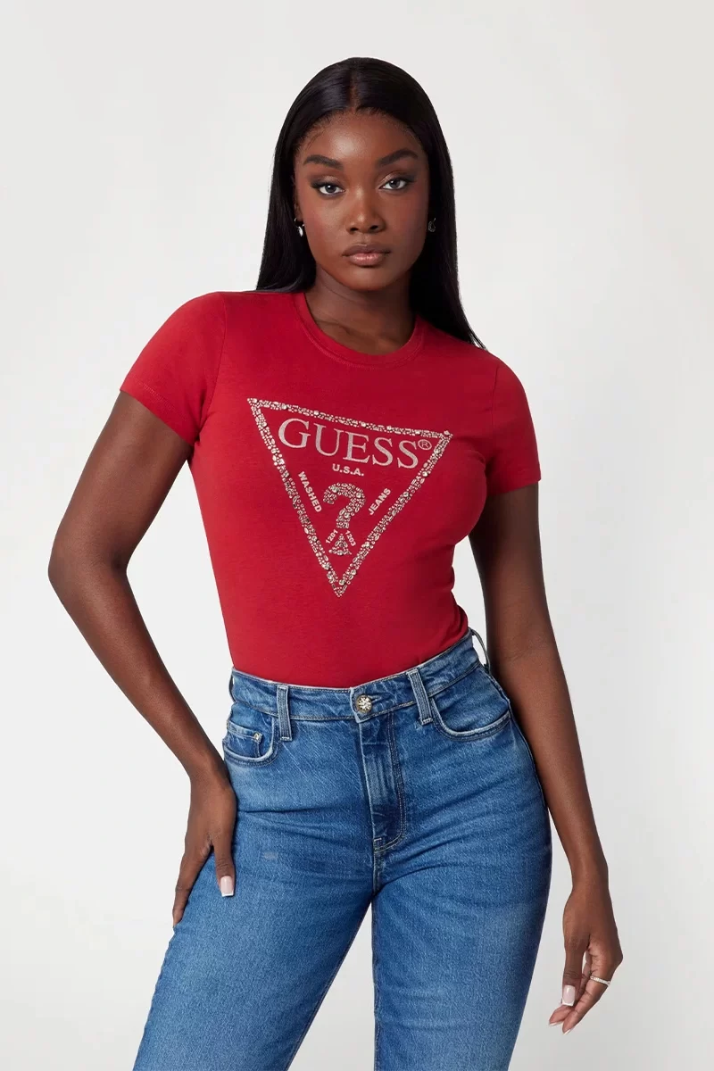 Guess Ss Cn Shıny Trıangle Tee Kadın Kırmızı T-Shirt W5RI11J1314-A51D