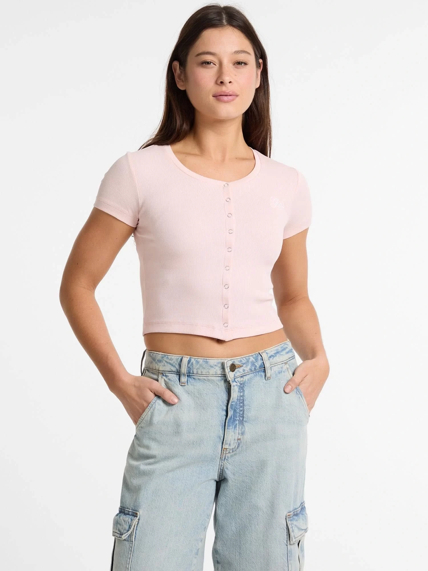 Guess jeans Gj Sl Cn Snap Embro Slım Top Kadın Pembe T-Shirt W5GP27KA0H1-G6R4