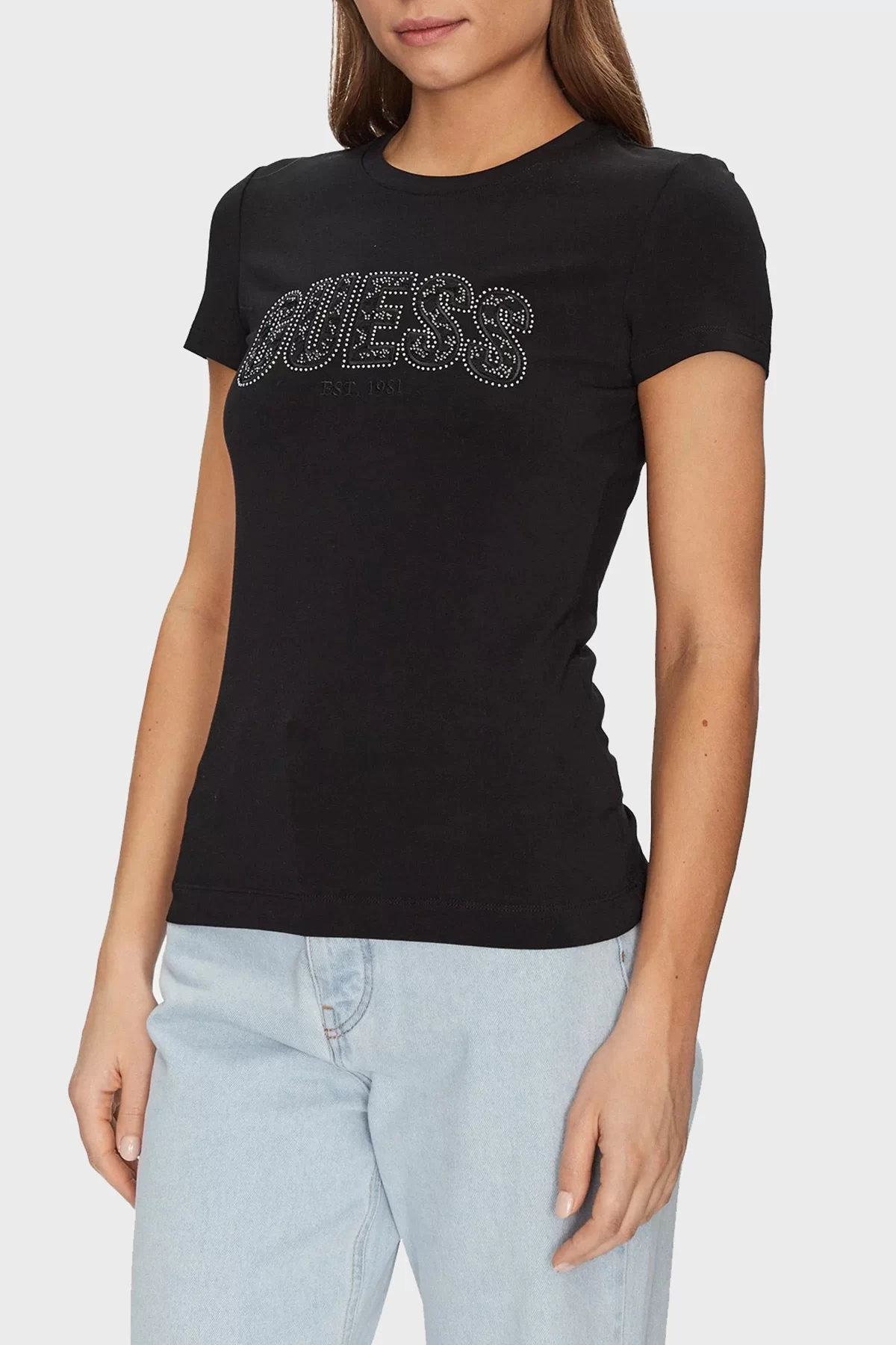 Guess Cn Ss Logo Lace Tee Kadın Siyah T-Shirt W5GI04J1314-JBLK