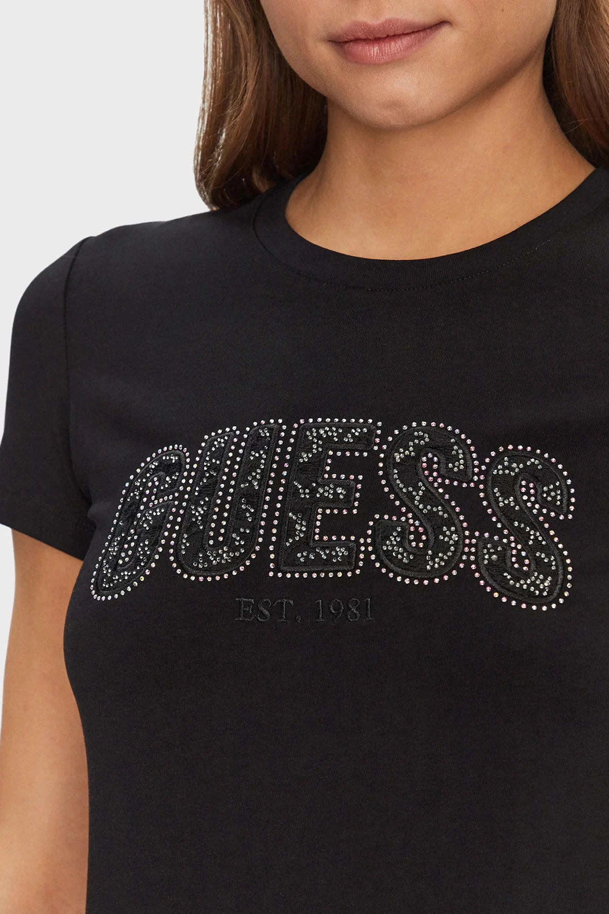 Guess Cn Ss Logo Lace Tee Kadın Siyah T-Shirt W5GI04J1314-JBLK