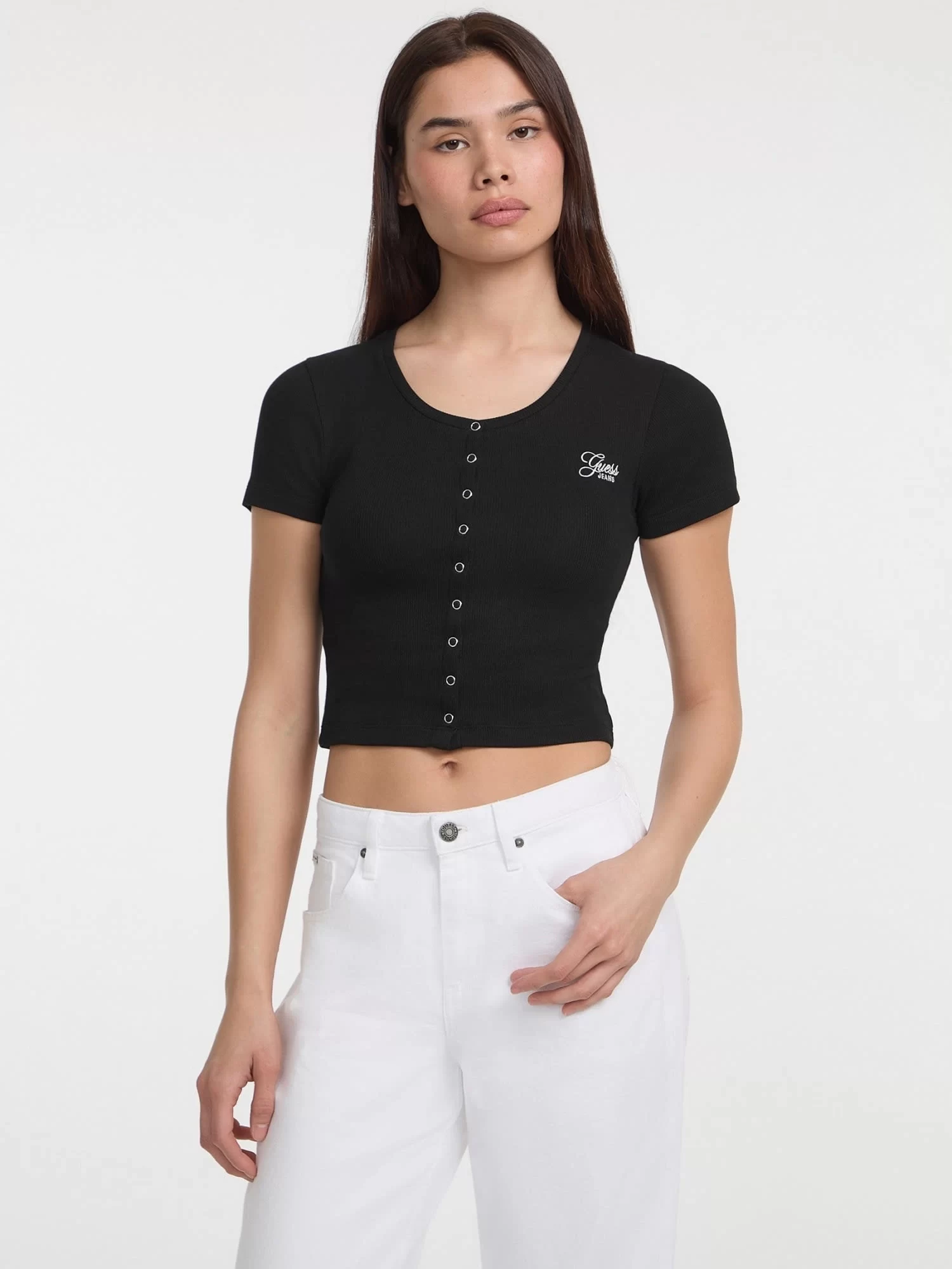 Guess jeans Gj Sl Cn Snap Embro Slım Top Kadın Siyah T-Shirt W5GP27KA0H1-JBLK
