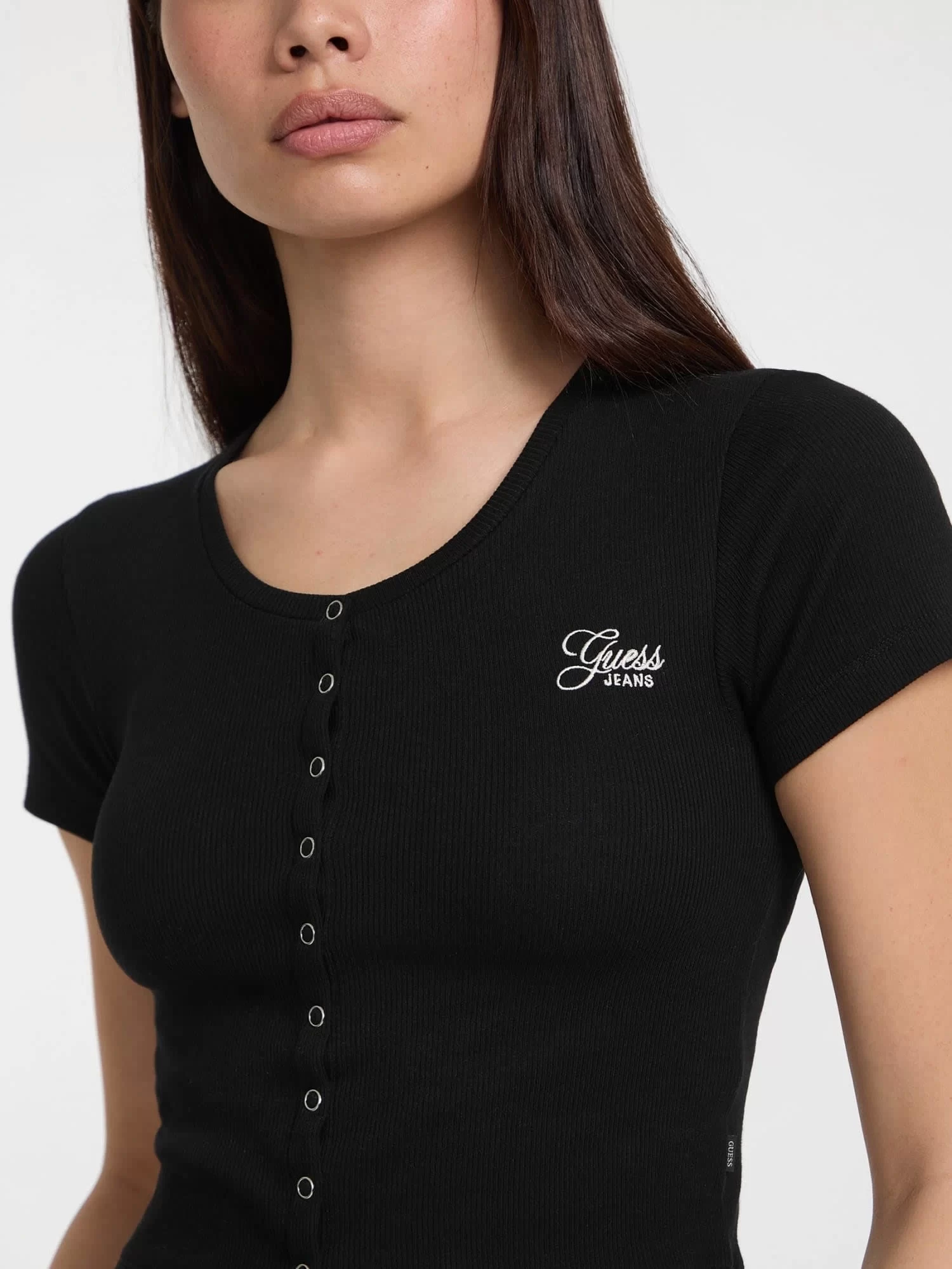 Guess jeans Gj Sl Cn Snap Embro Slım Top Kadın Siyah T-Shirt W5GP27KA0H1-JBLK