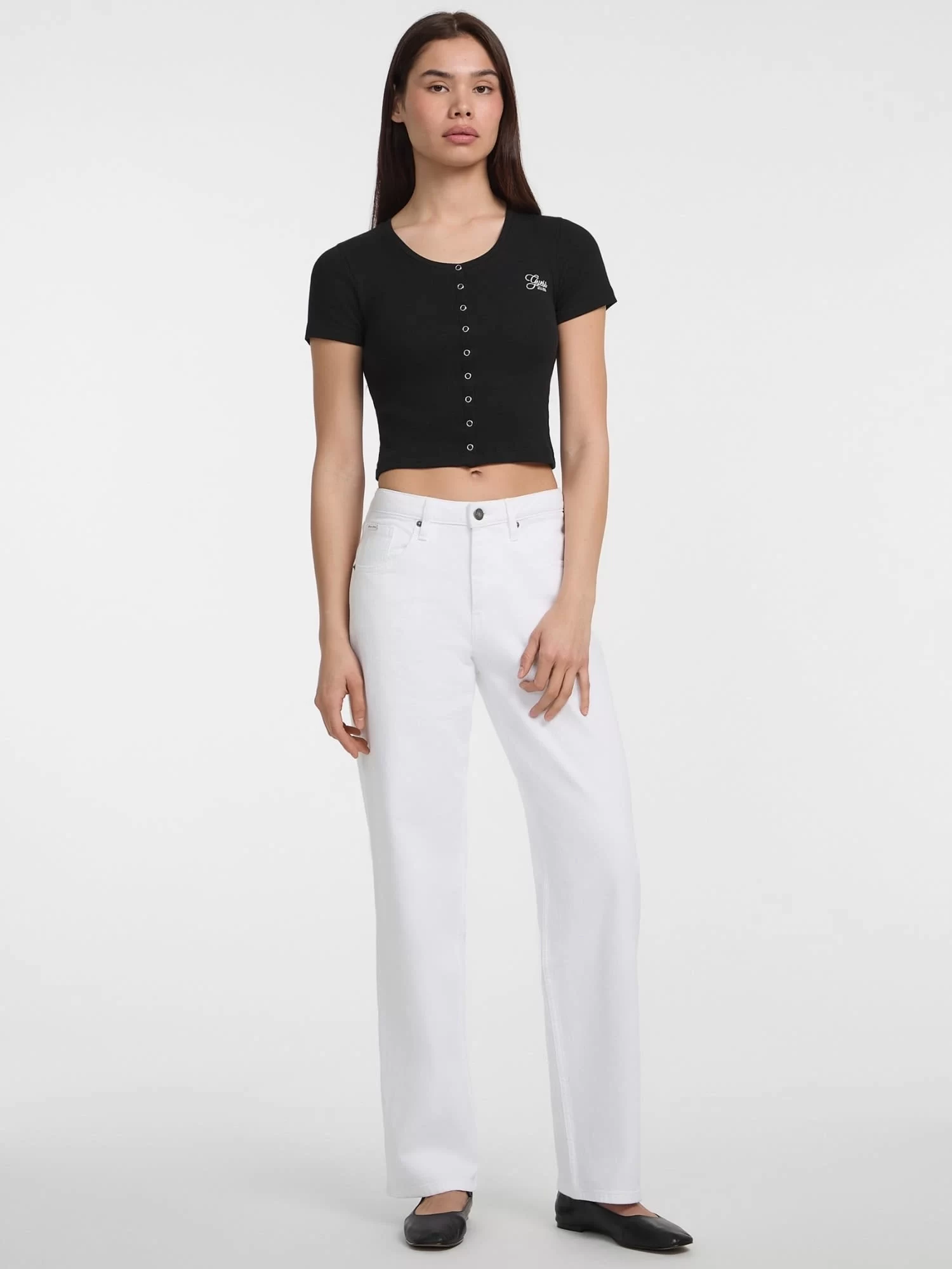 Guess jeans Gj Sl Cn Snap Embro Slım Top Kadın Siyah T-Shirt W5GP27KA0H1-JBLK