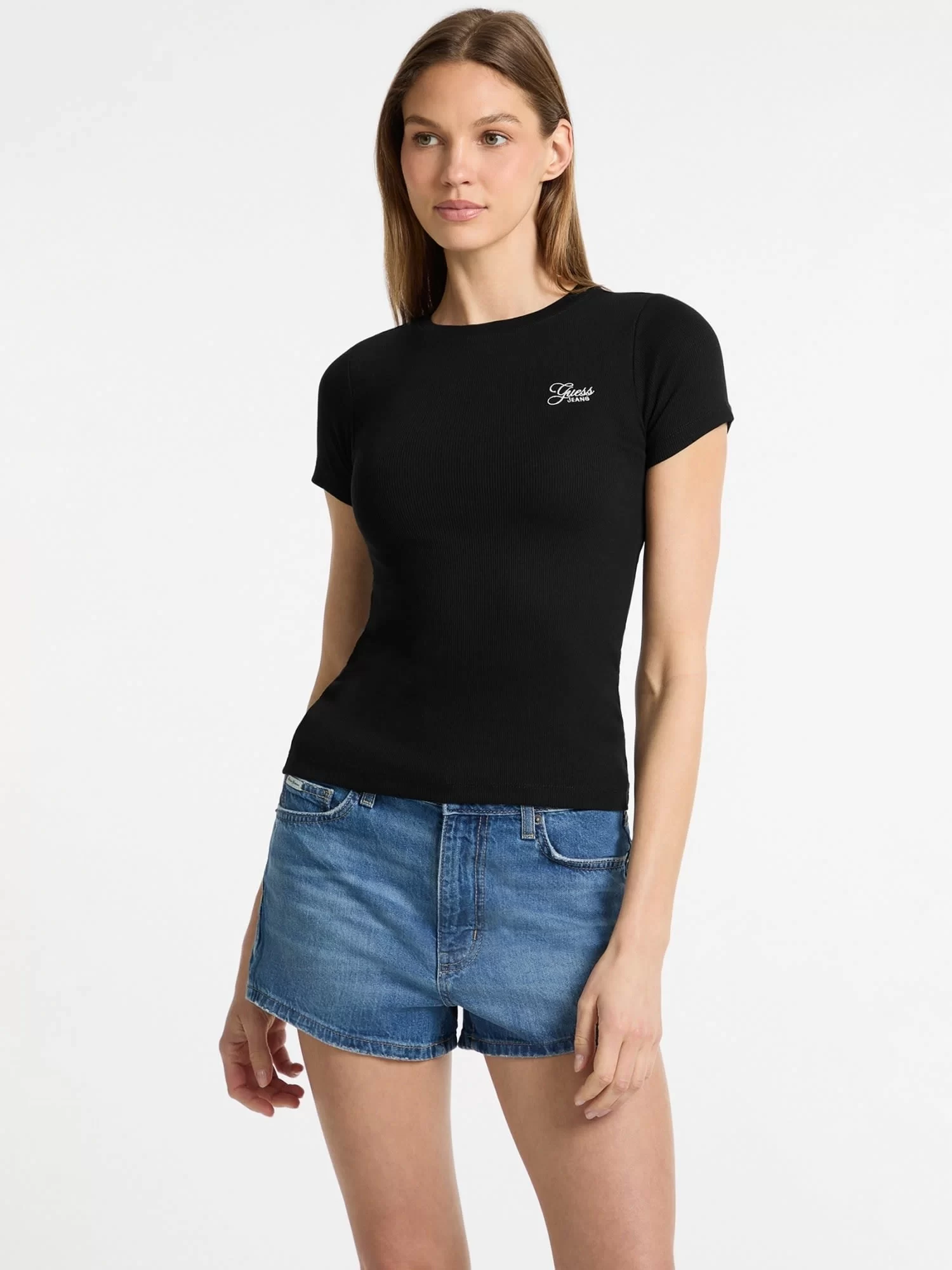 Guess jeans Gj Ss Cn Embro Slım Top Kadın Siyah T-Shirt W5GP62KA0H1-JBLK