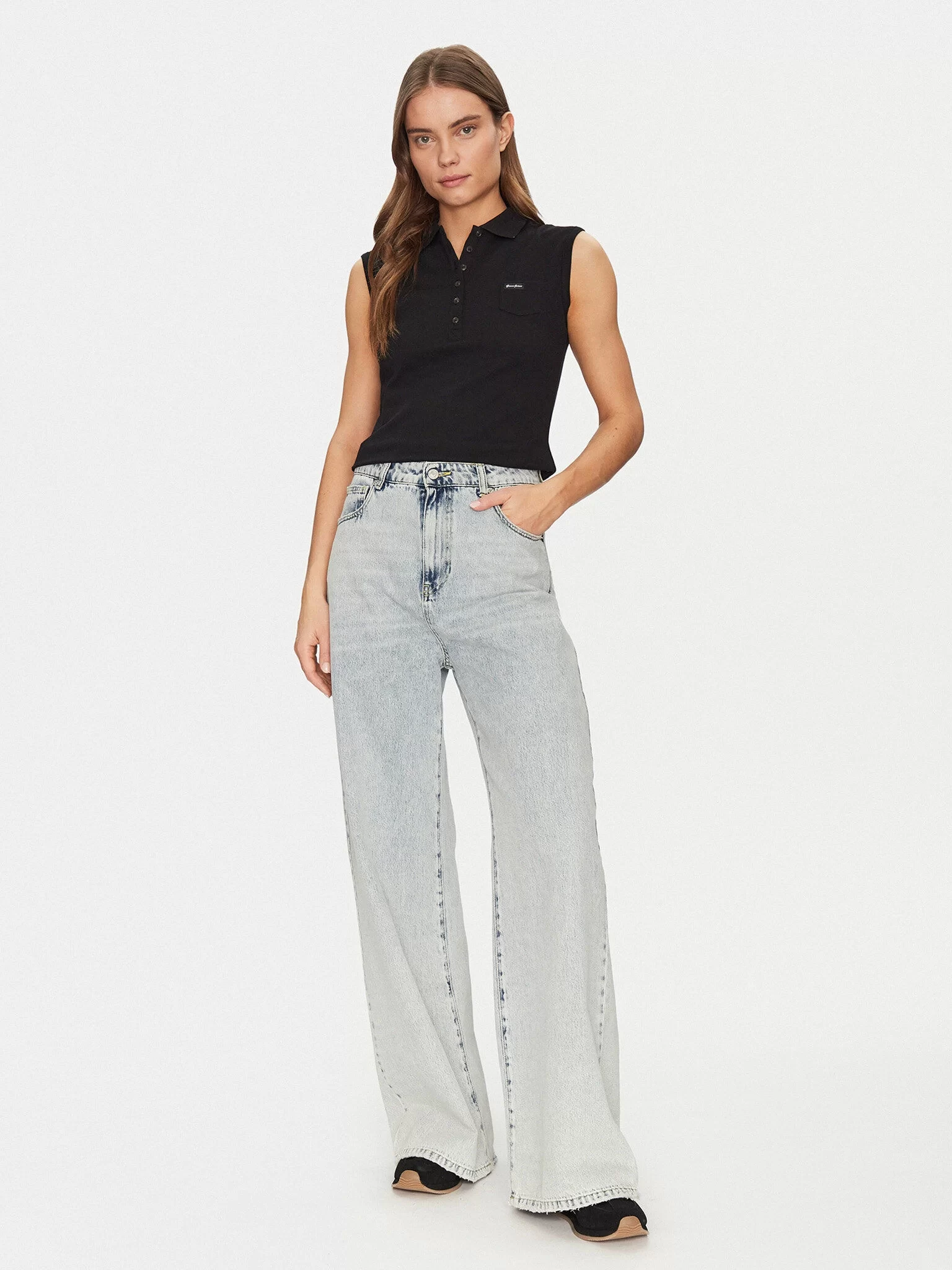 Guess jeans Gj Sleeveless Collar Slım Pkt Kadın Siyah T-Shirt W5GP24KCYR1-JBLK