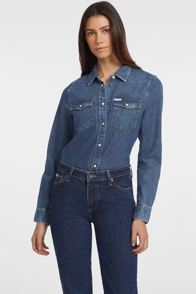 Guess Jeans Kadın Slim Fit Uzun Kol Mavi Denim Gömlek
