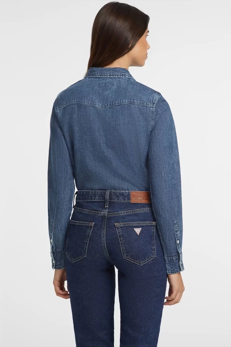 Guess Jeans Kadın Slim Fit Uzun Kol Mavi Denim Gömlek