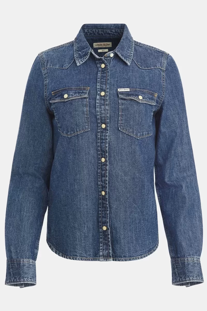 Guess Jeans Kadın Slim Fit Uzun Kol Mavi Denim Gömlek