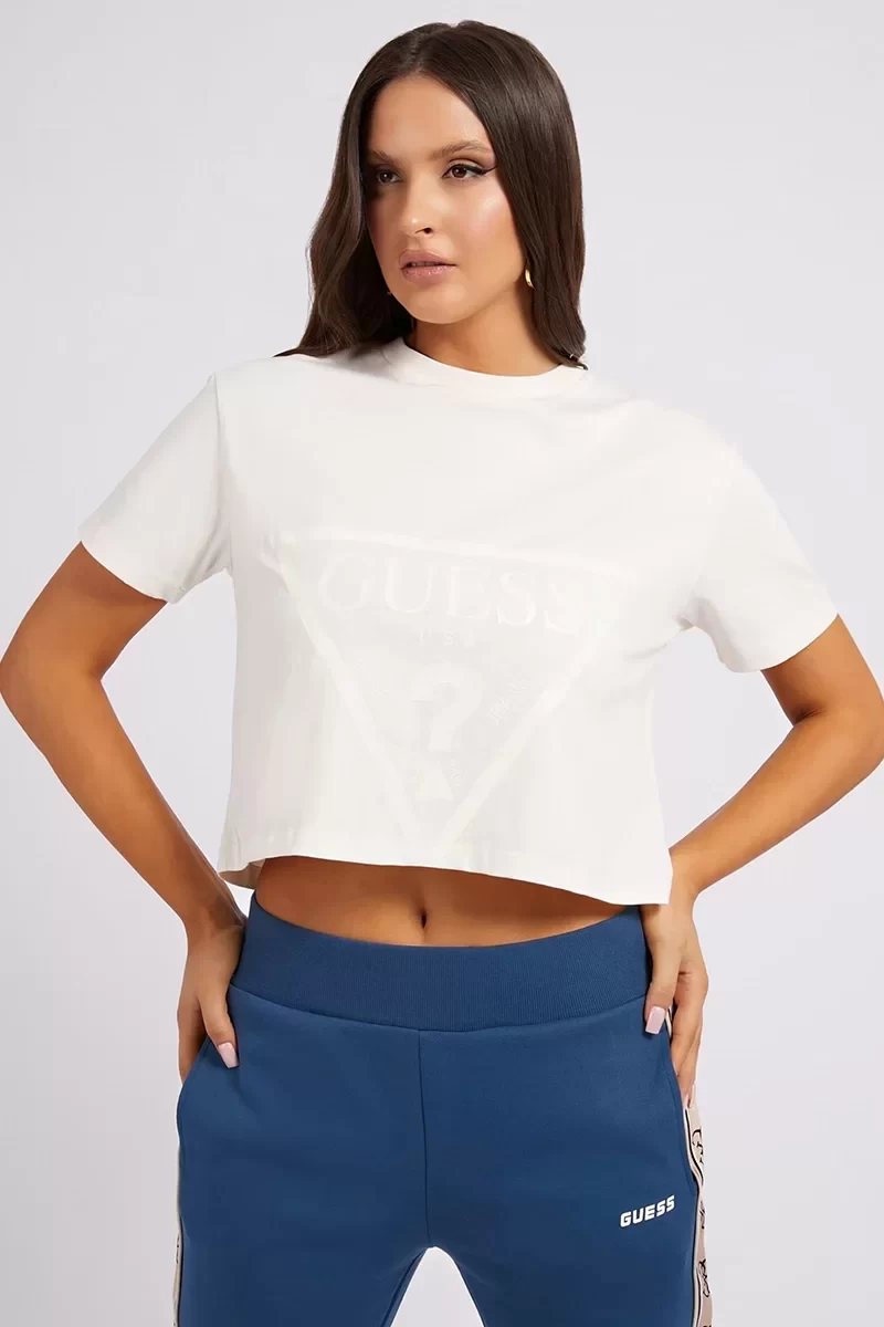 Guess Adele Crop T-Shırt Kadın Krem T-Shirt V2YI06K8HM0-G6K5
