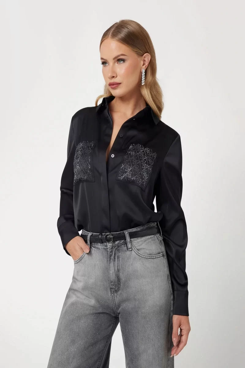 Guess Marguerıte Hotfıx Pokets Shırt Kadın Siyah Gömlek W5RH40WFQC2-JBLK