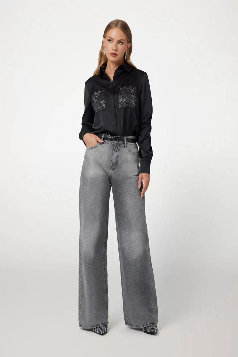 Guess Marguerıte Hotfıx Pokets Shırt Kadın Siyah Gömlek W5RH40WFQC2-JBLK