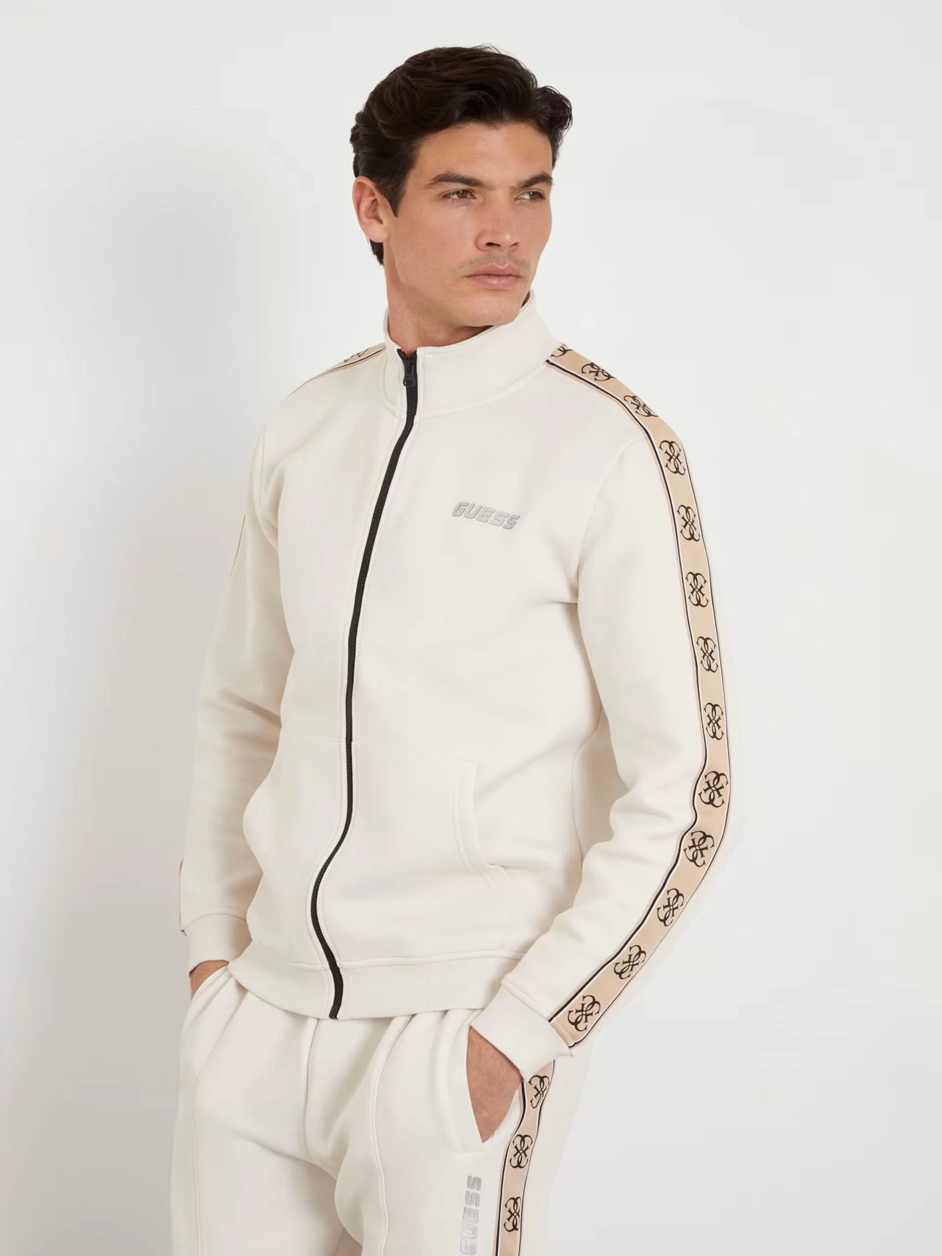 Guess Erkek Bej Yanları Logolu Fermuarlı Sweatshirt