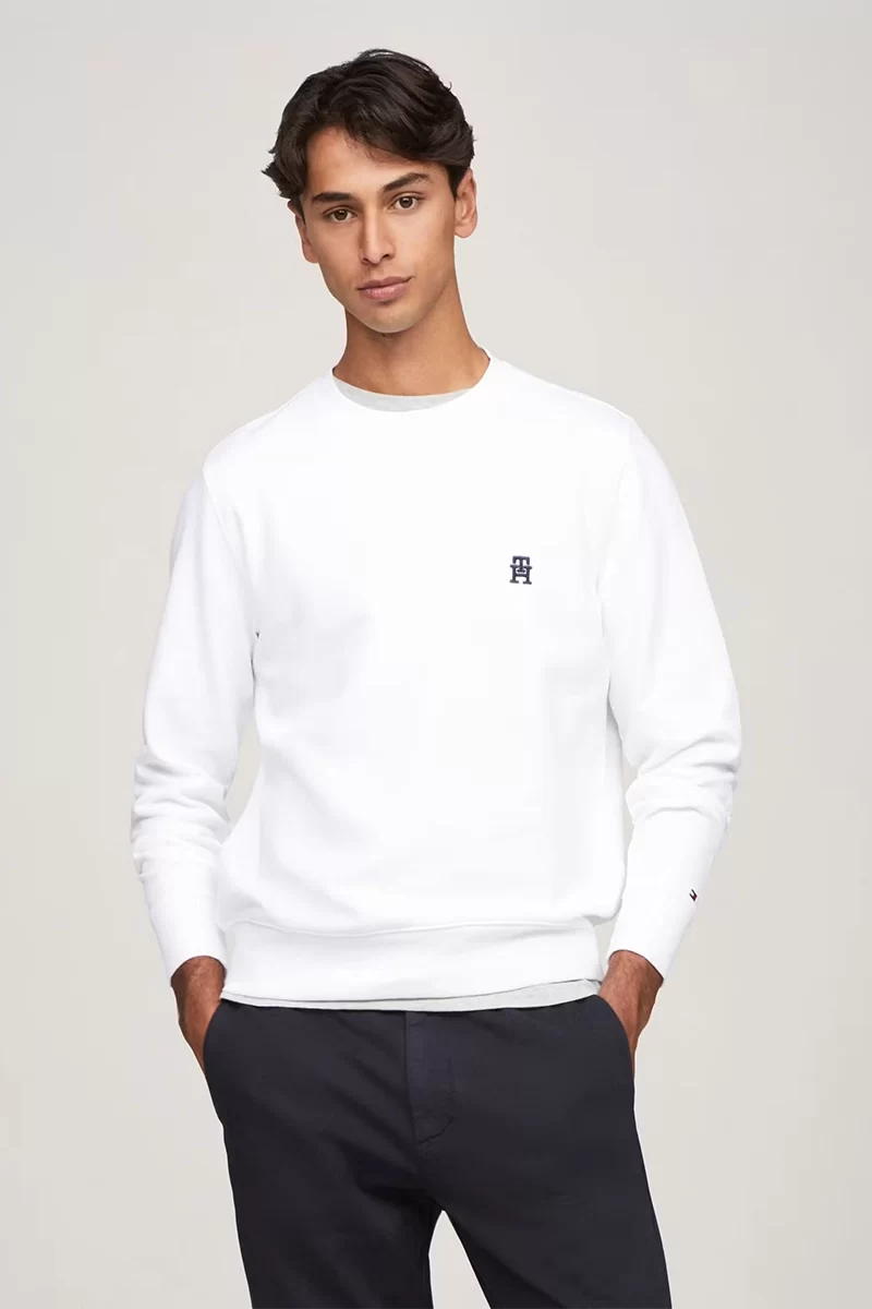 Tommy Hilfiger Erkek Monogram Logolu Beyaz Kazak