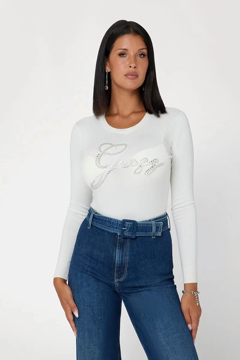 Guess Olıve Logo Rn Ls Swtr Kadın Beyaz Kazak W4BR04Z2NQ2-G012